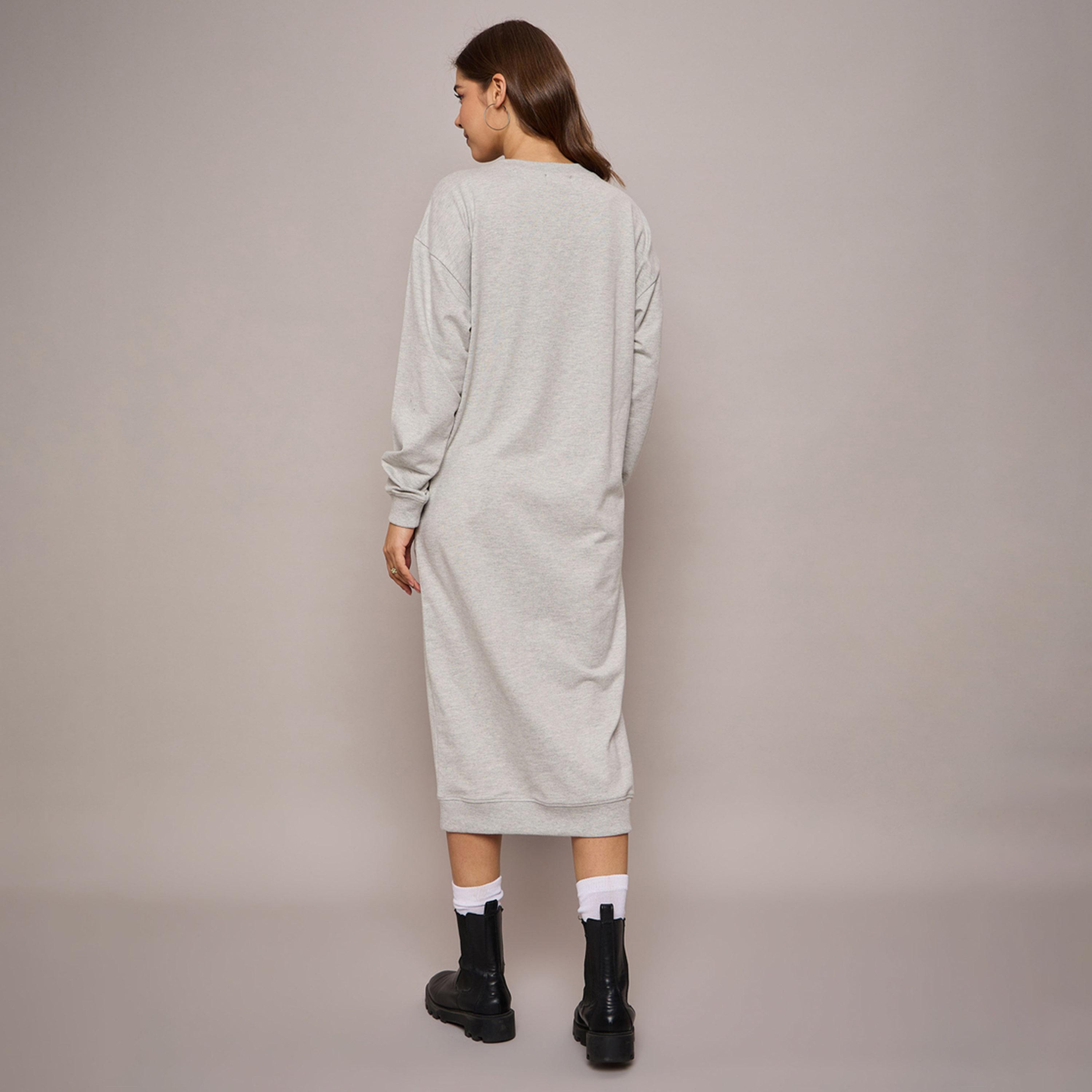 ساسافراس × ستايلي - فستان سويتر متوسط الطول من قماش تيري - رمادي موشح-women-clothing-dresses-image-5