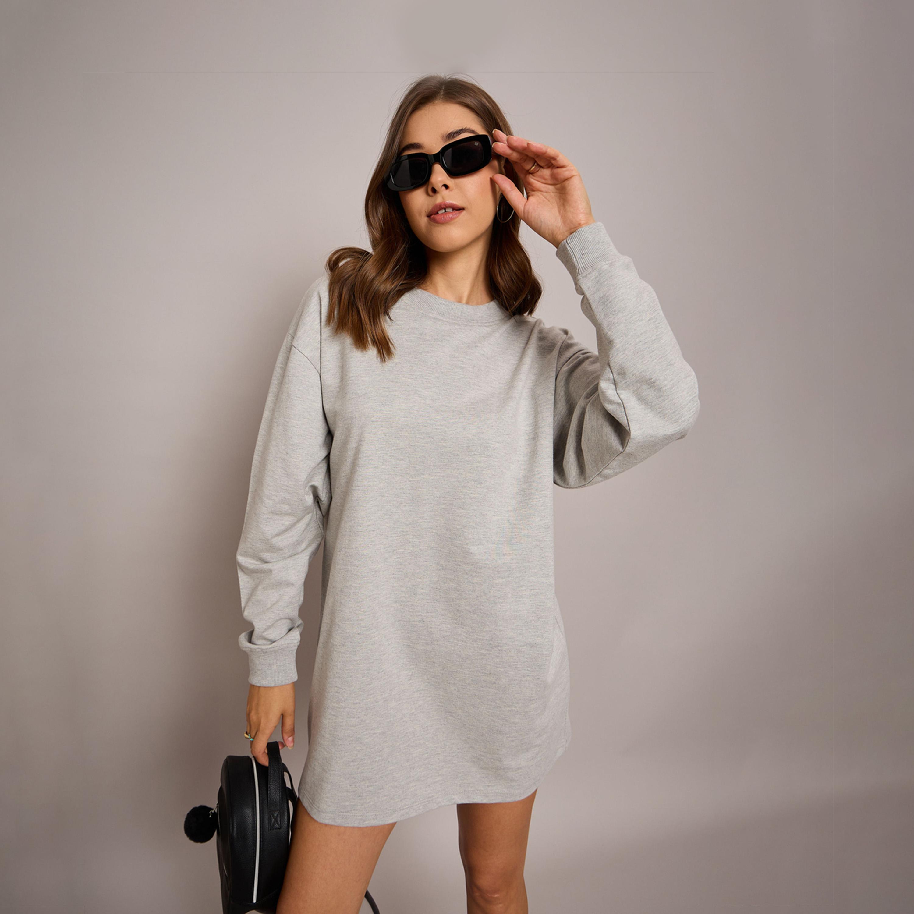 ساسافراس × ستايلي - فستان سويتر من قماش تيري بمقاس كبير - رمادي موشح-women-clothing-dresses-image-1
