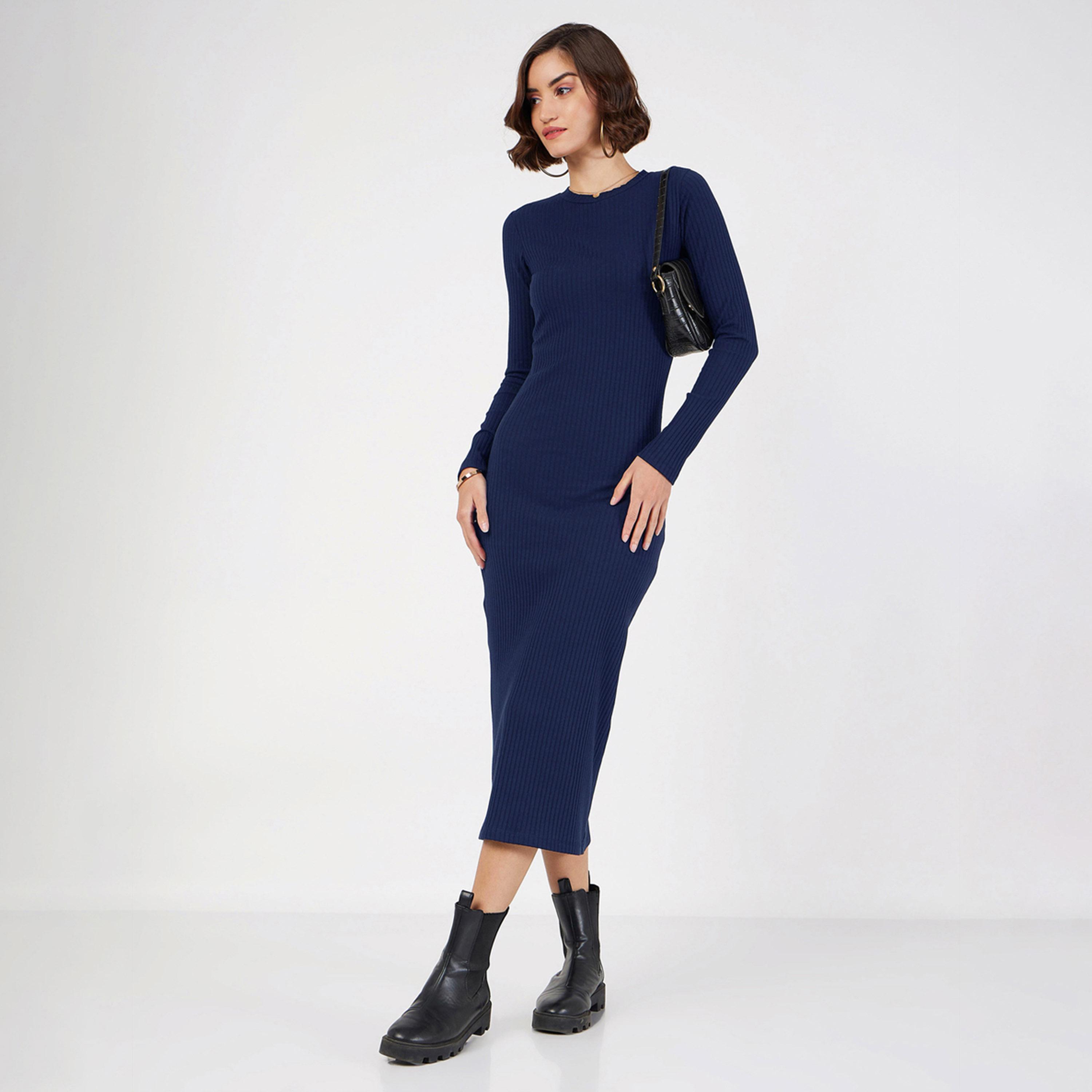 Sassafras X Styli Rib Knit Bodycon Round Neck Midi Dress-women-clothing-dresses-image-1