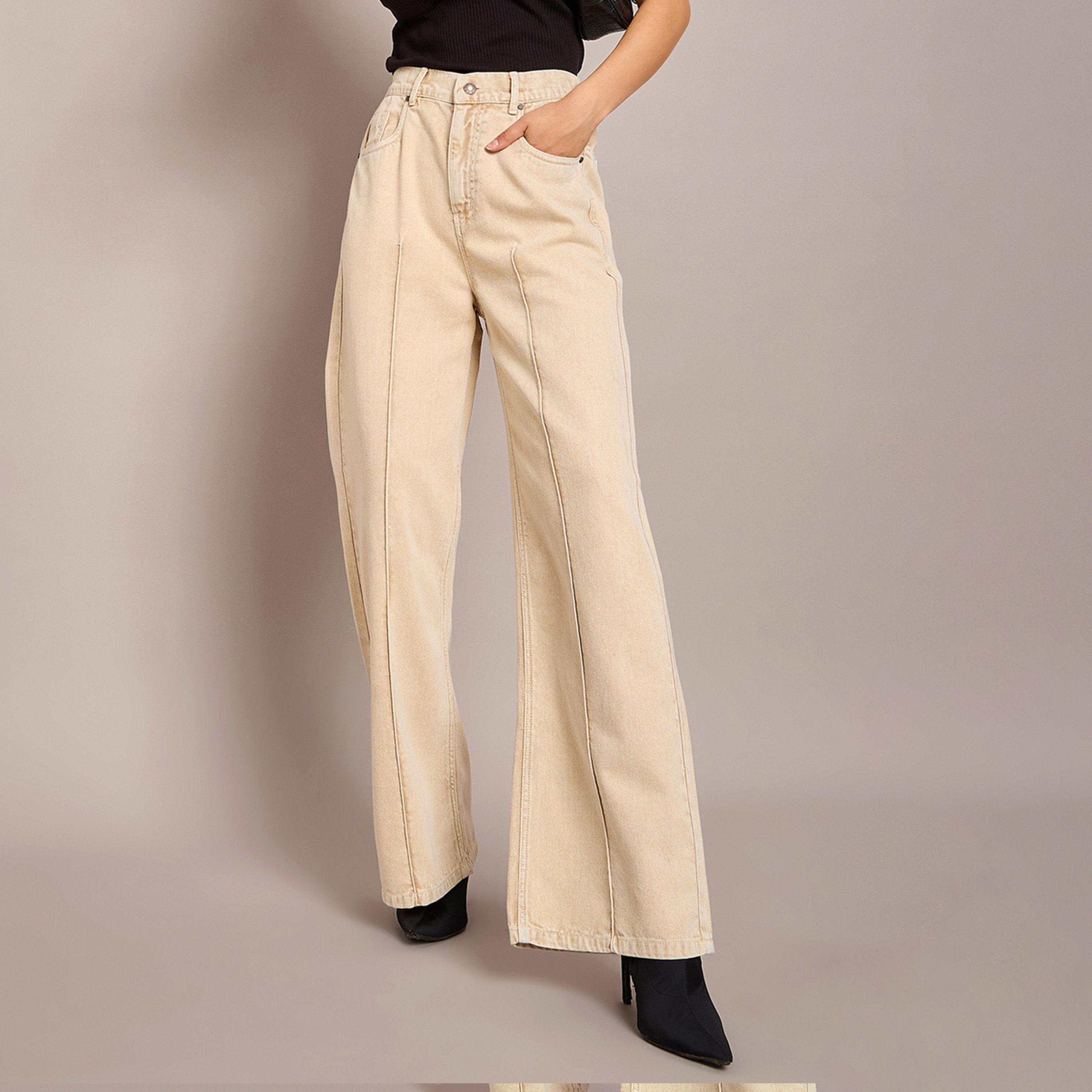 ساسافراس × ستايلي - بنطال جينز بخصر مرتفع وقصة مستقيمة وكسرة-women-clothing-bottoms-jeans-image-1