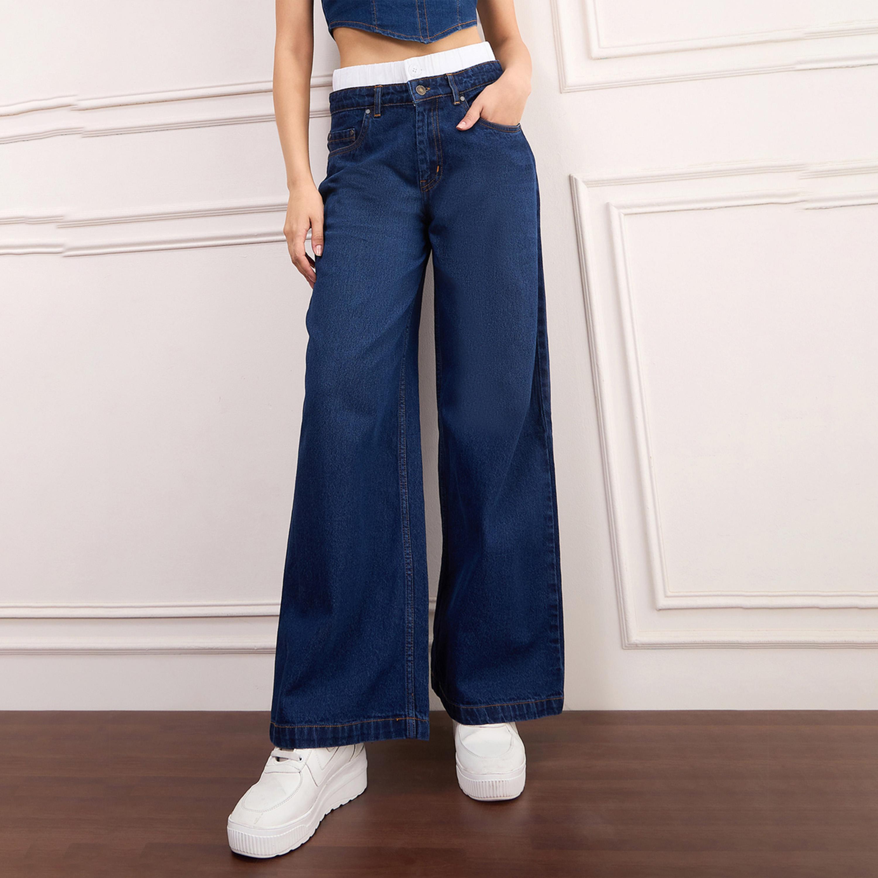 ساسافراس × ستايلي - بنطال جينز بحزام مزدوج - كحلي-women-clothing-bottoms-jeans-image-1