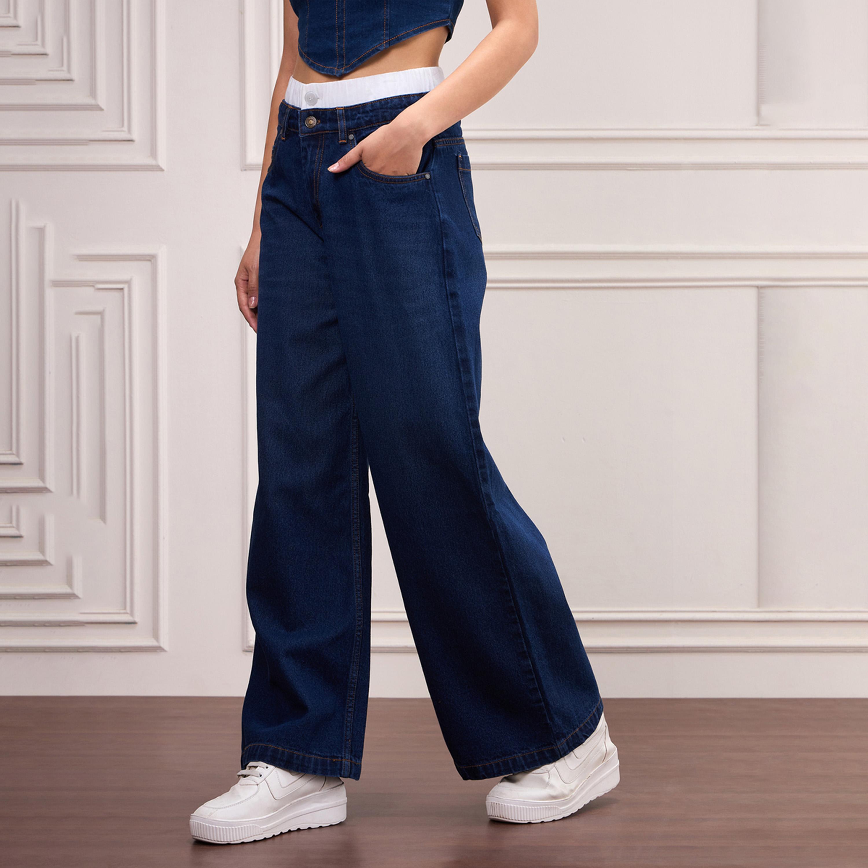 ساسافراس × ستايلي - بنطال جينز بحزام مزدوج - كحلي-women-clothing-bottoms-jeans-image-3