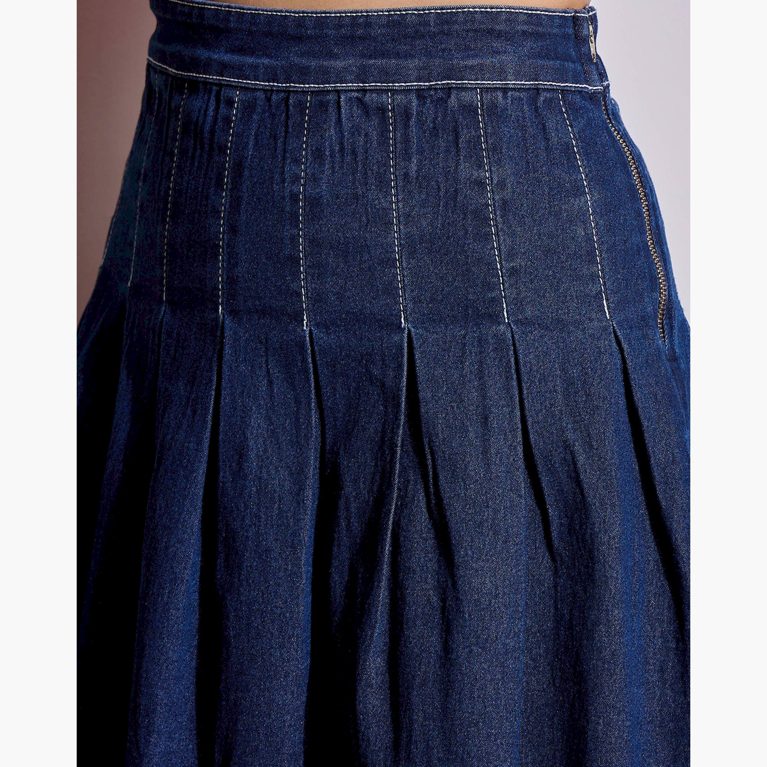ساسافراس × ستايلي - تنورة قصيرة بثنيات من قماش الدنيم المغسول - أزرق-women-clothing-bottoms-skirts-image-4