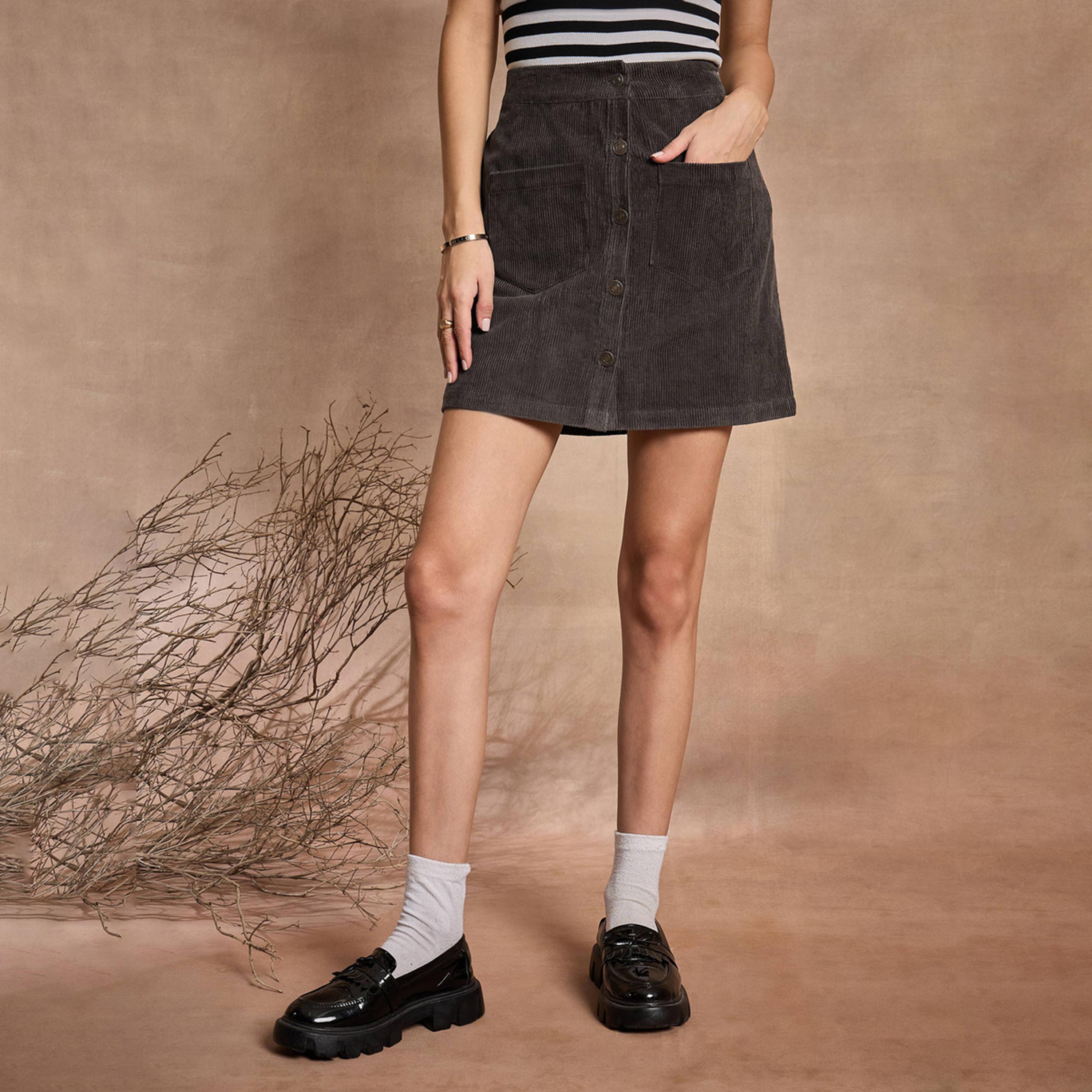 Sassafras X Styli Dark Grey Corduroy Front Button Mini Skirt-women-clothing-bottoms-skirts-image-1