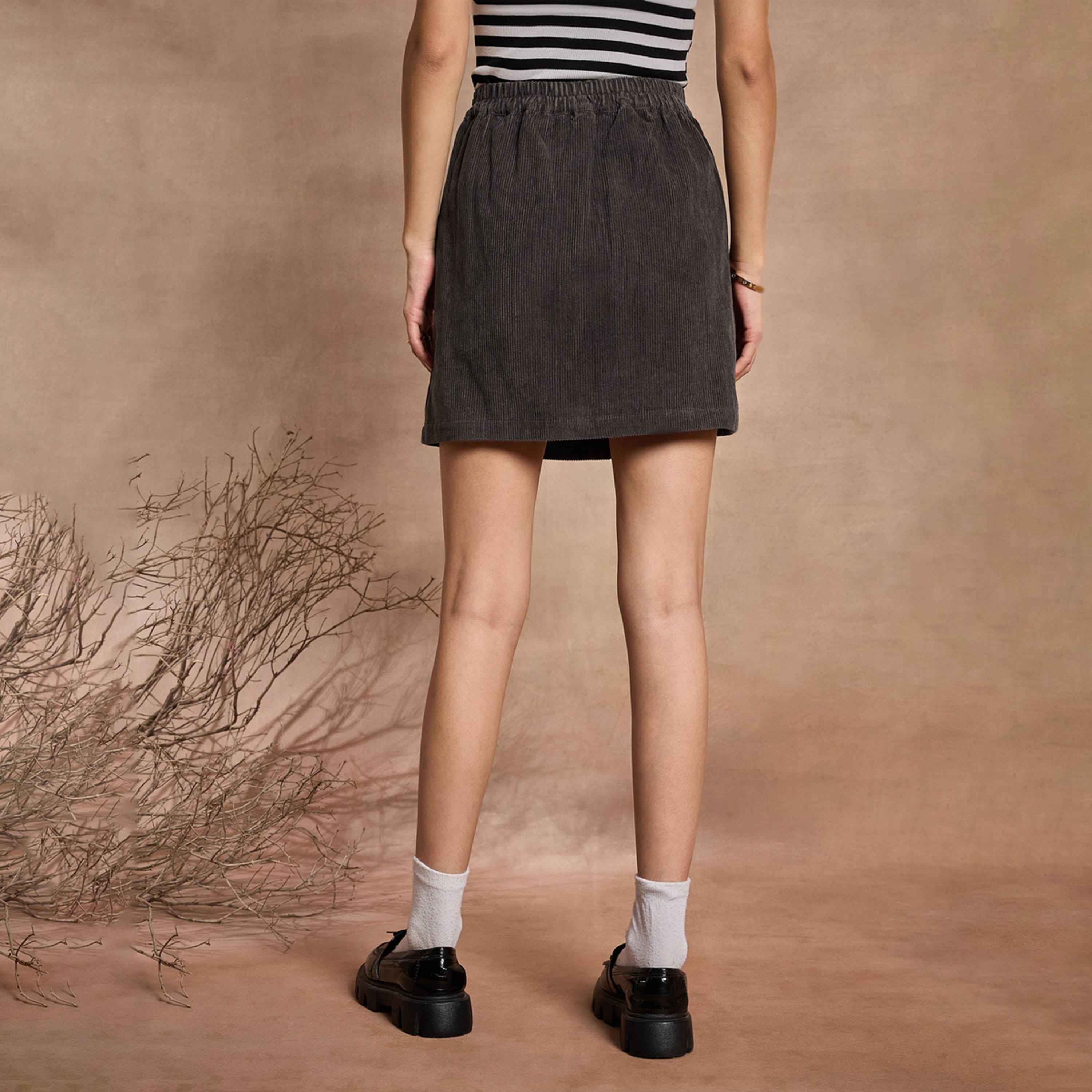 Sassafras X Styli Dark Grey Corduroy Front Button Mini Skirt-women-clothing-bottoms-skirts-image-5