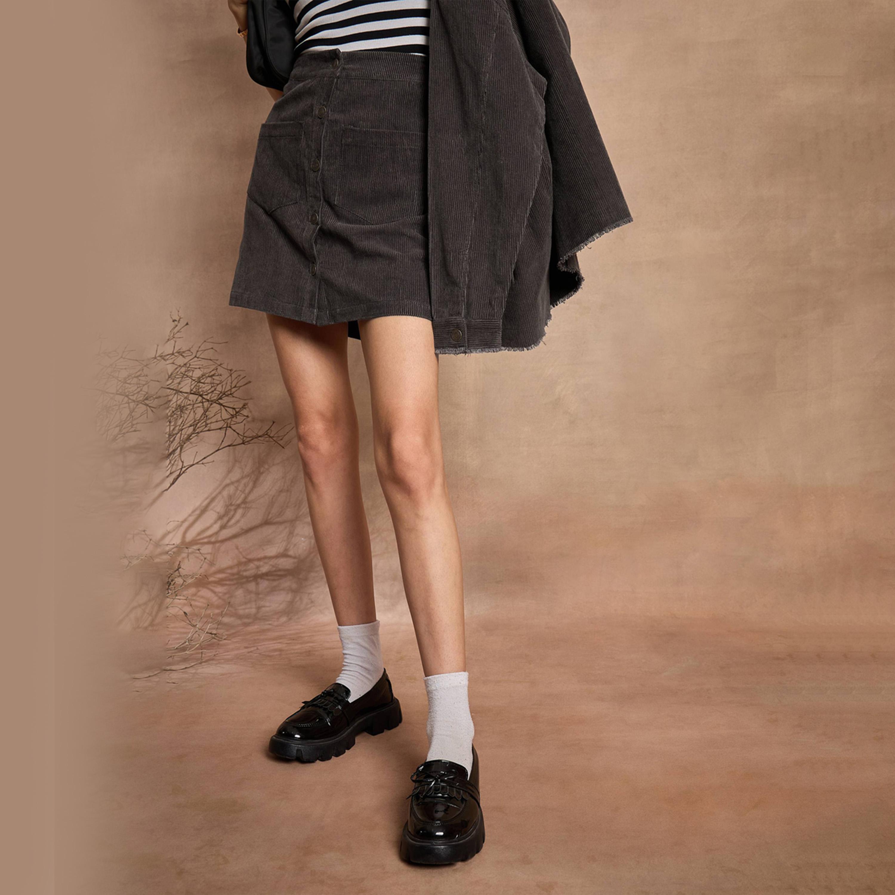 Sassafras X Styli Dark Grey Corduroy Front Button Mini Skirt-women-clothing-bottoms-skirts-image-6