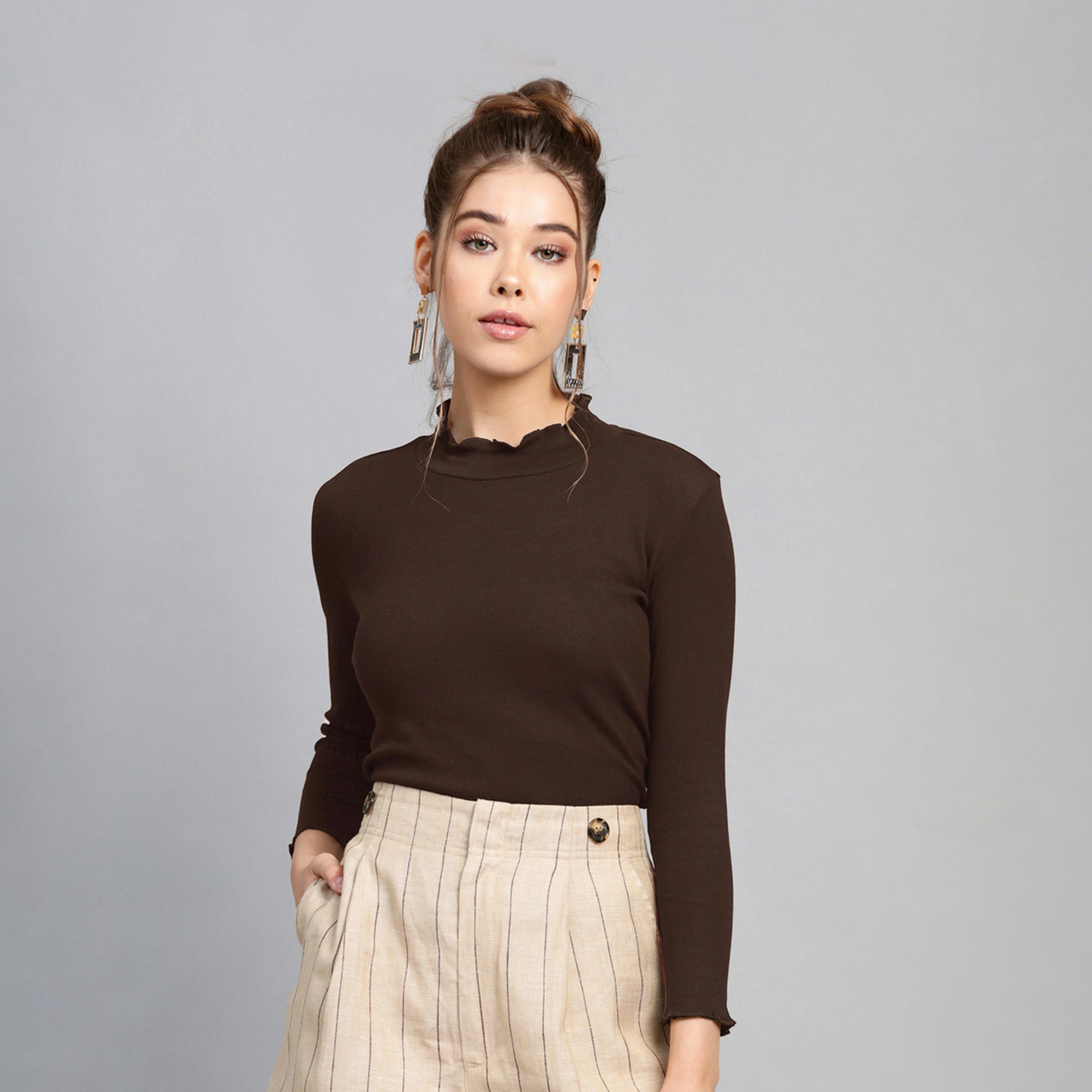 ساسافراس × ستايلي - بلوزة مضلعة برقبة عالية وأكمام طويلة-women-clothing-shirtsandblouses-blouses-image-1
