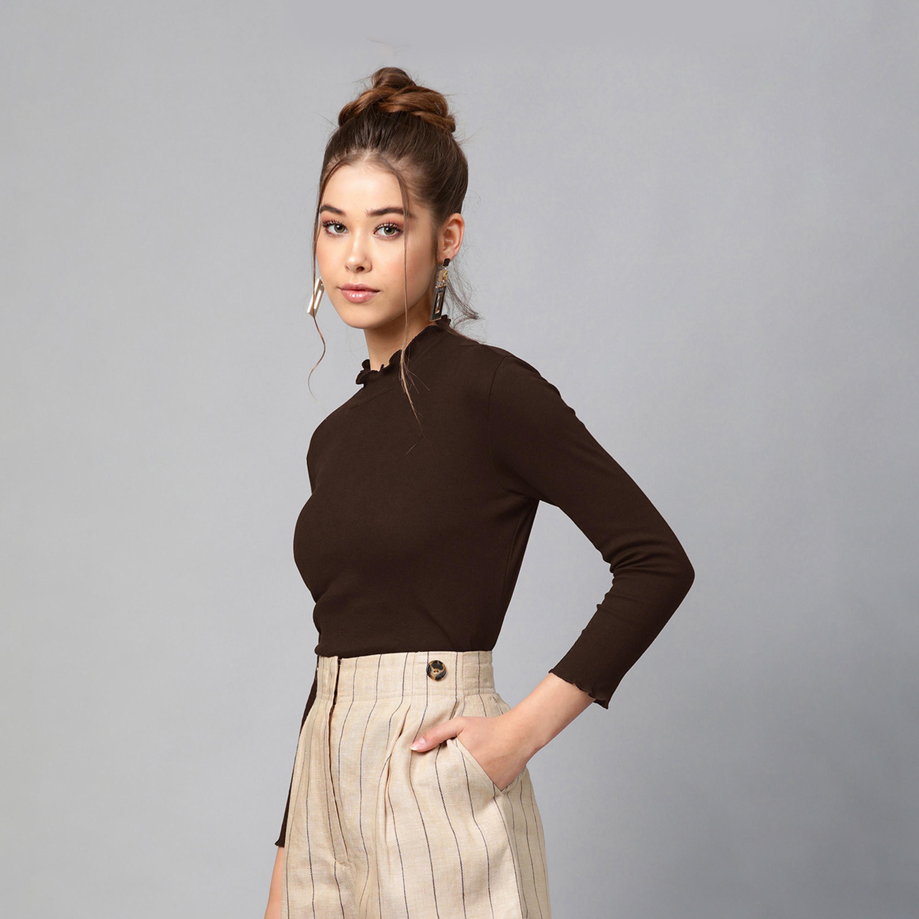 ساسافراس × ستايلي - بلوزة مضلعة برقبة عالية وأكمام طويلة-women-clothing-shirtsandblouses-blouses-image-2
