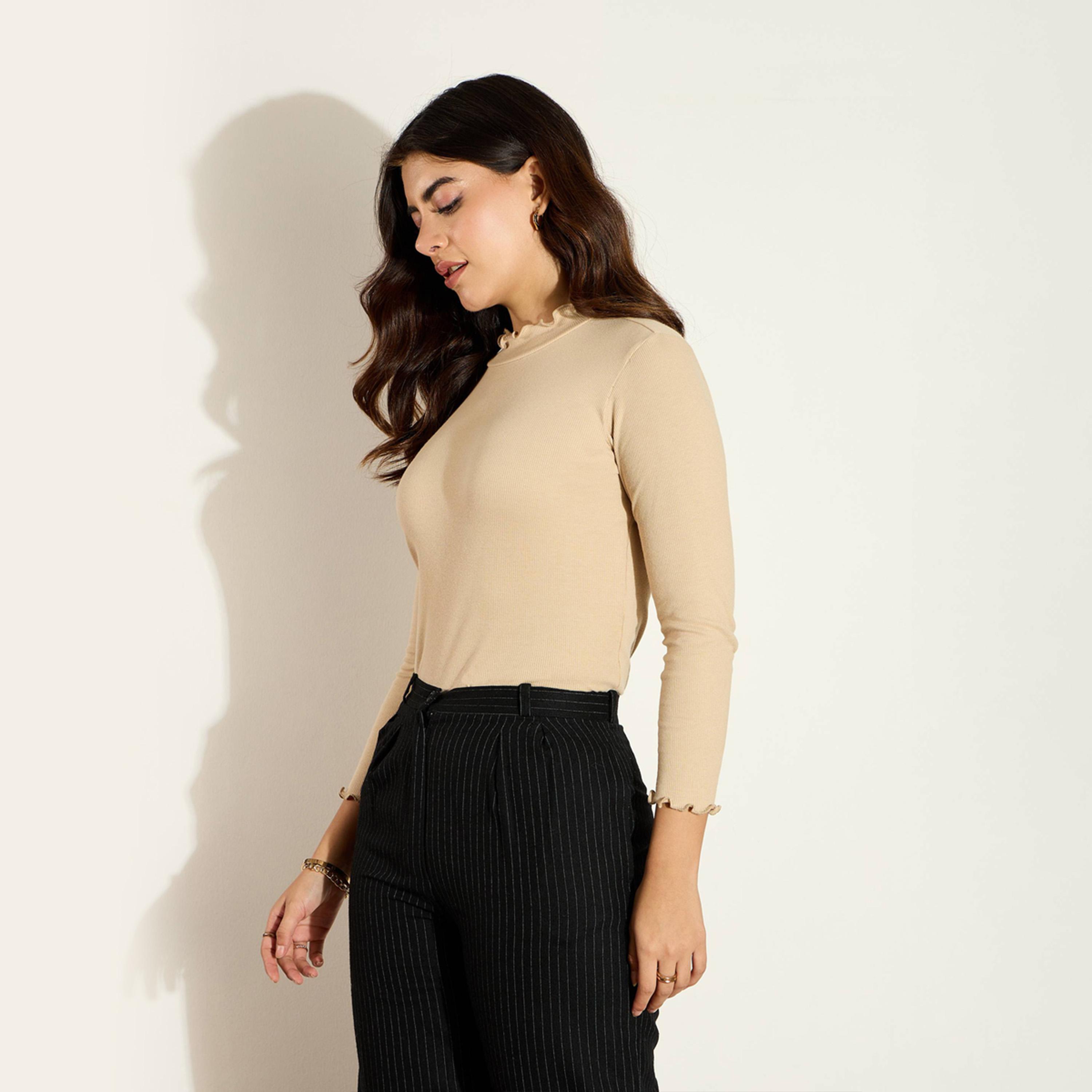 ساسافراس × ستايلي - بلوزة مضلعة برقبة عالية وأكمام طويلة-women-clothing-shirtsandblouses-blouses-image-2