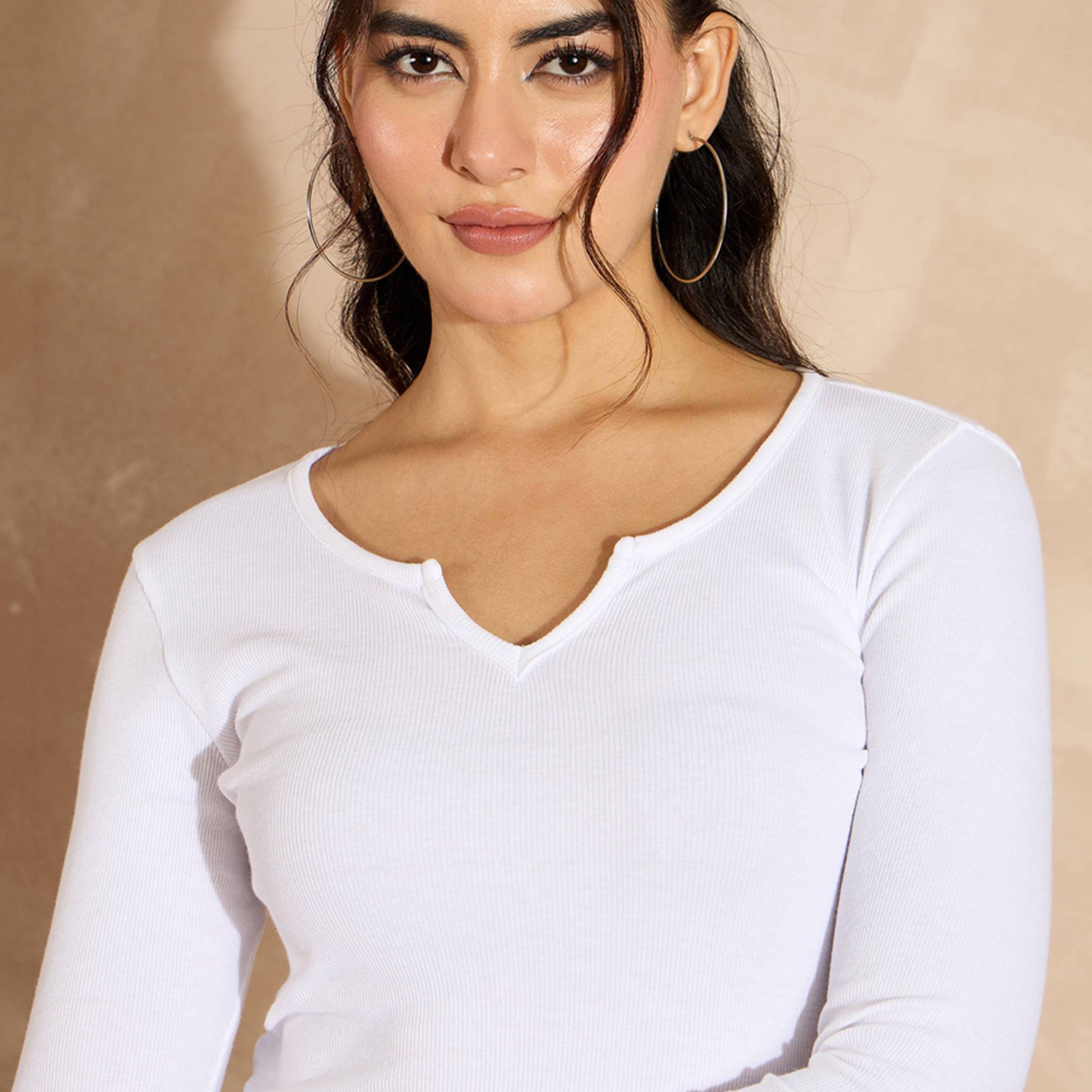 Sassafras X Styli White Rib Drop V-Neck Top-women-clothing-shirtsandblouses-blouses-image-4
