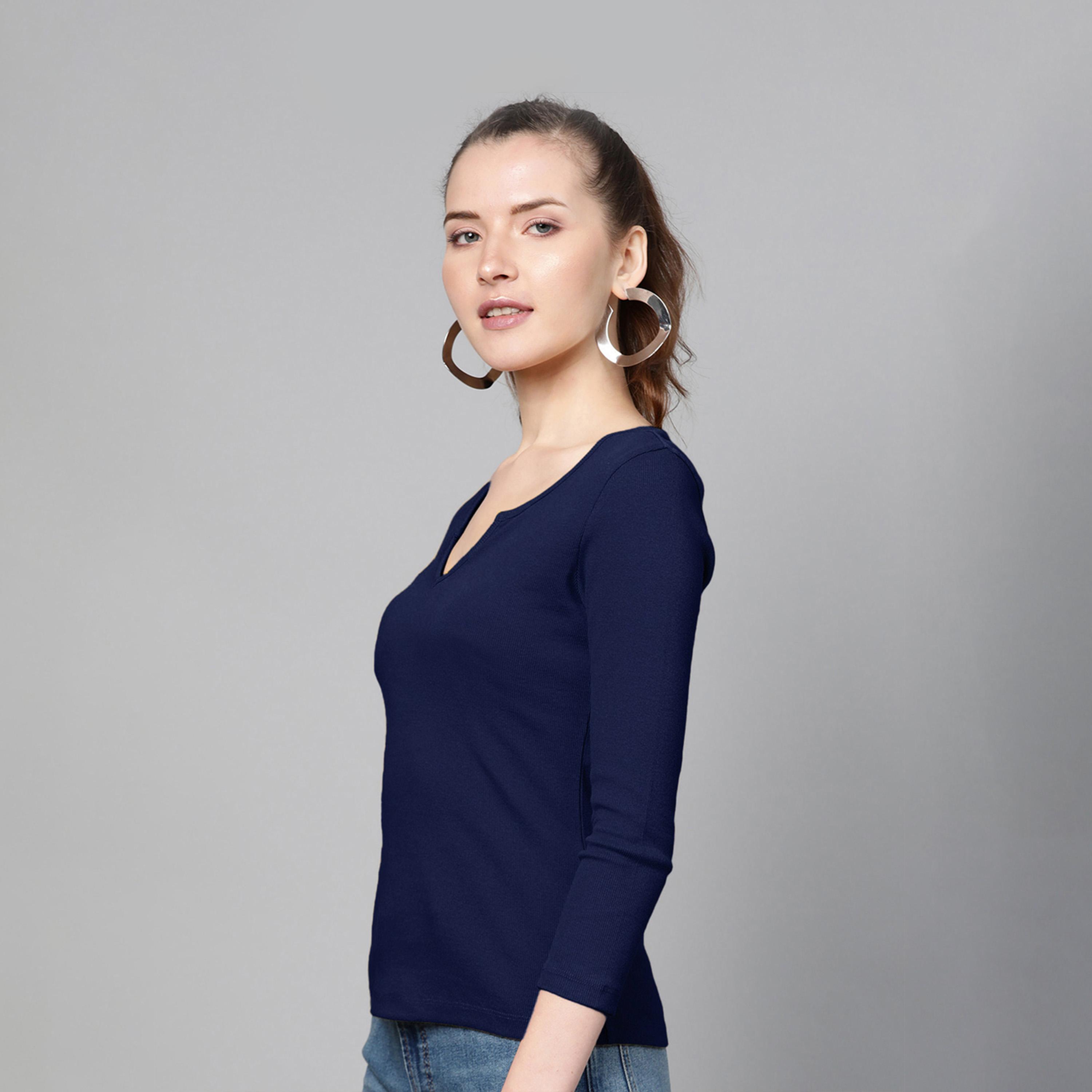 Sassafras X Styli Navy Blue Rib Drop V-Neck Top-women-clothing-shirtsandblouses-blouses-image-3