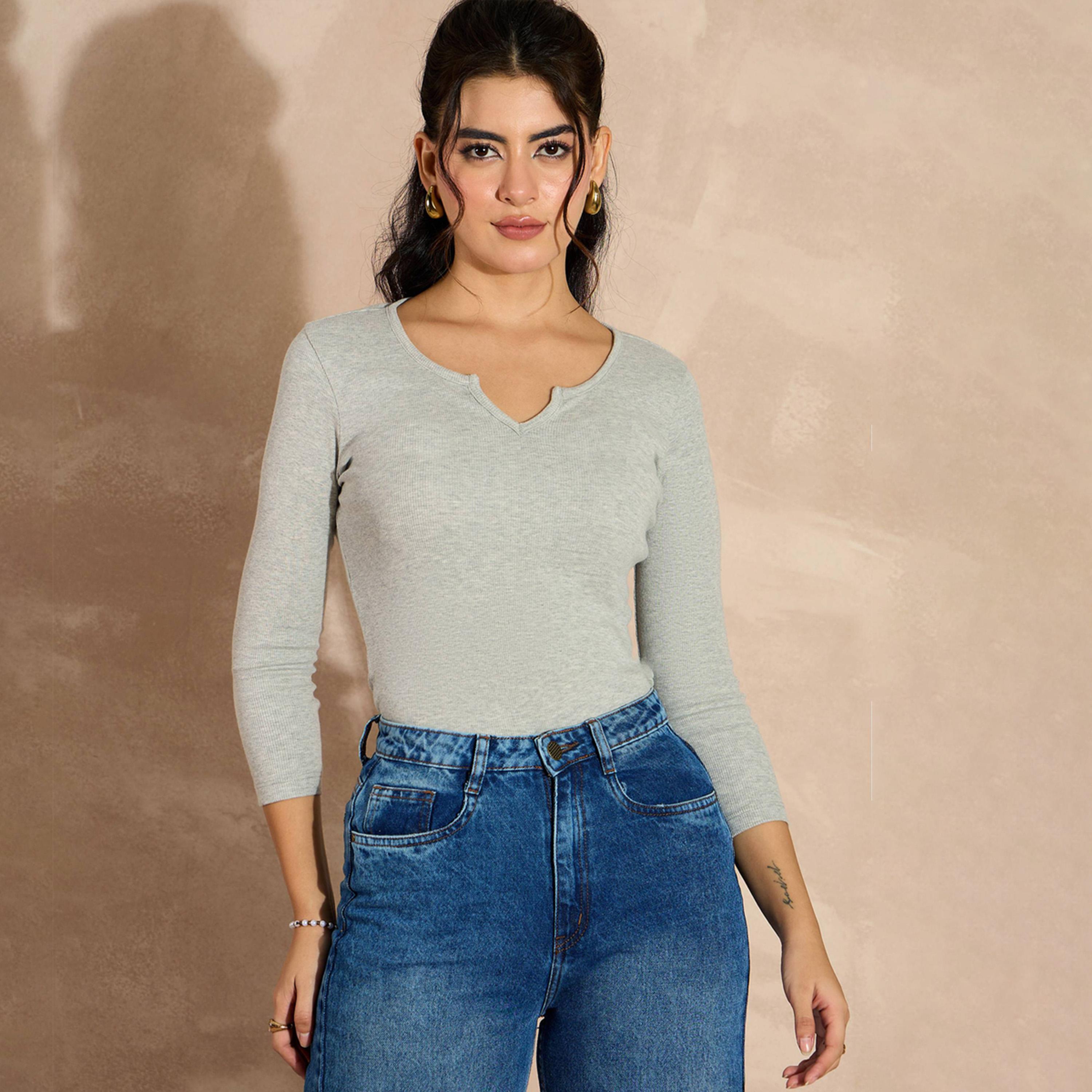 Sassafras X Styli Grey Melange Rib Drop V-Neck Top-women-clothing-shirtsandblouses-blouses-image-1
