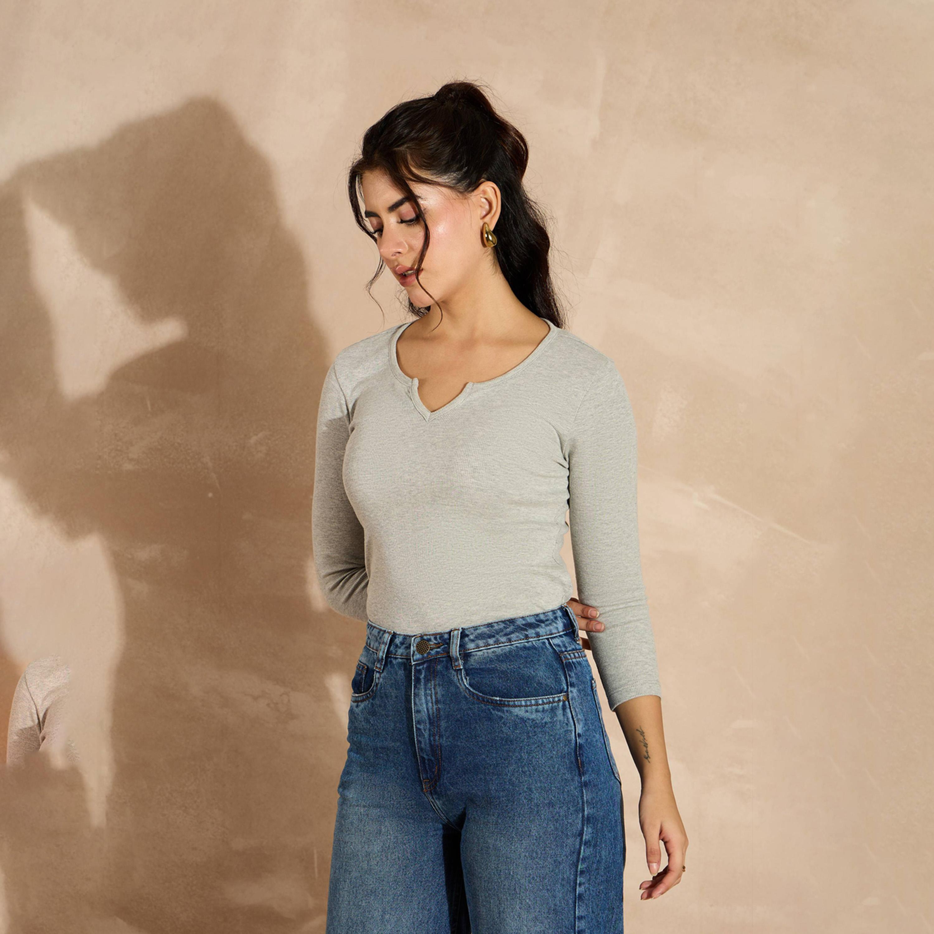 Sassafras X Styli Grey Melange Rib Drop V-Neck Top-women-clothing-shirtsandblouses-blouses-image-2