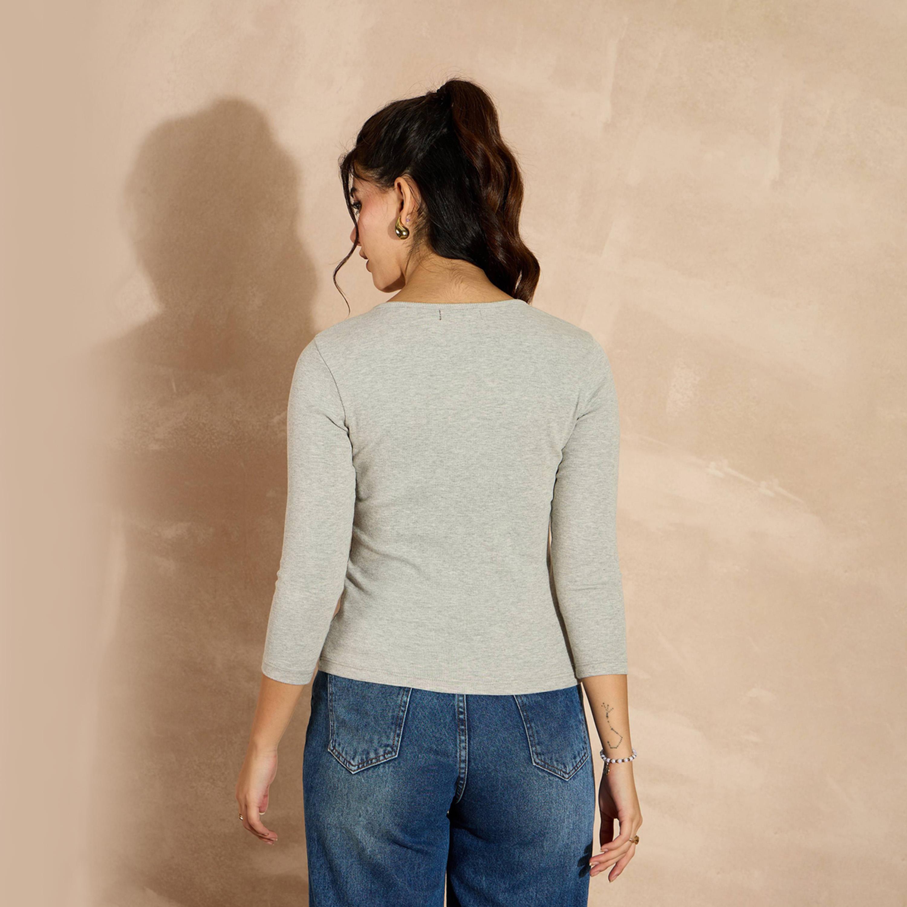 Sassafras X Styli Grey Melange Rib Drop V-Neck Top-women-clothing-shirtsandblouses-blouses-image-3