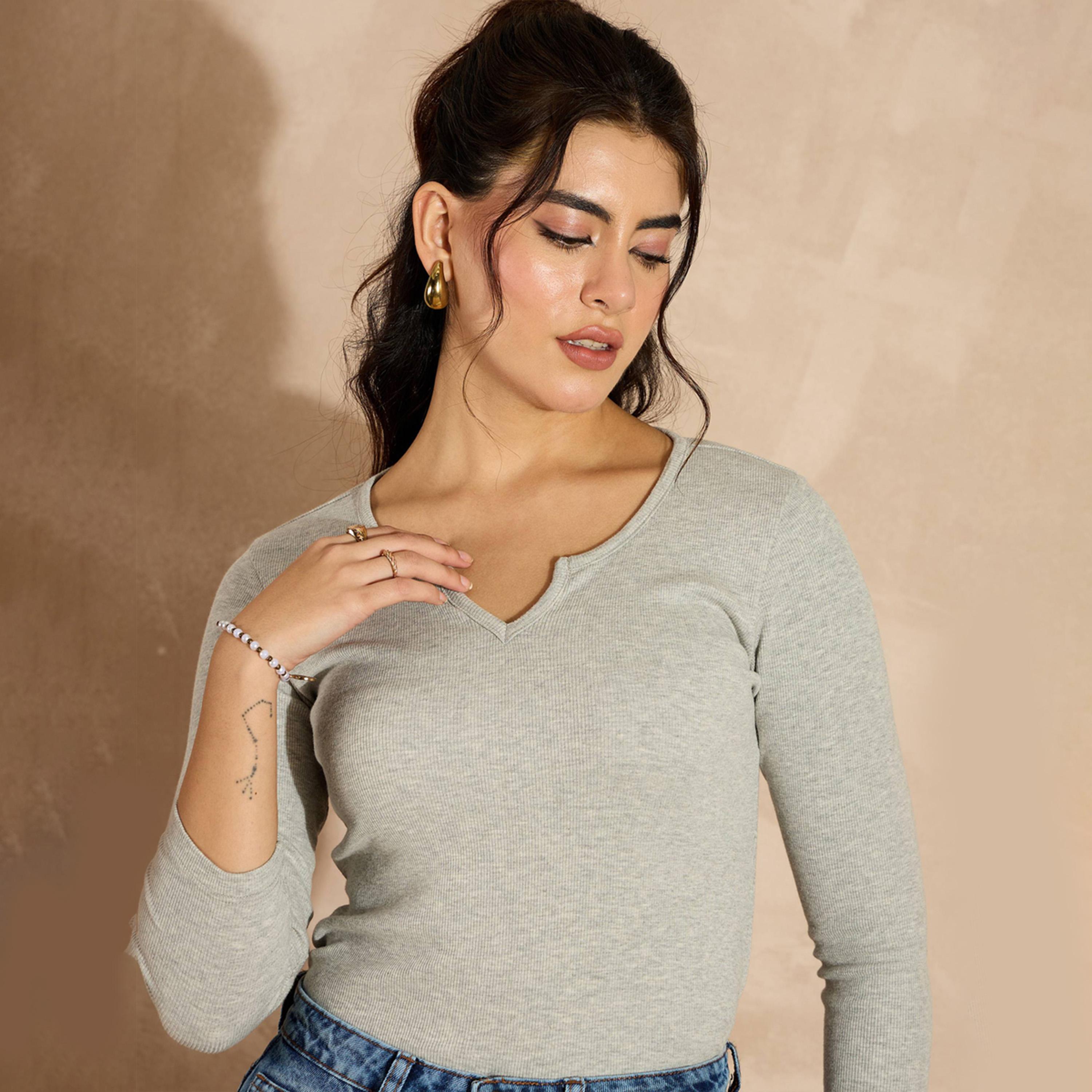 Sassafras X Styli Grey Melange Rib Drop V-Neck Top-women-clothing-shirtsandblouses-blouses-image-4