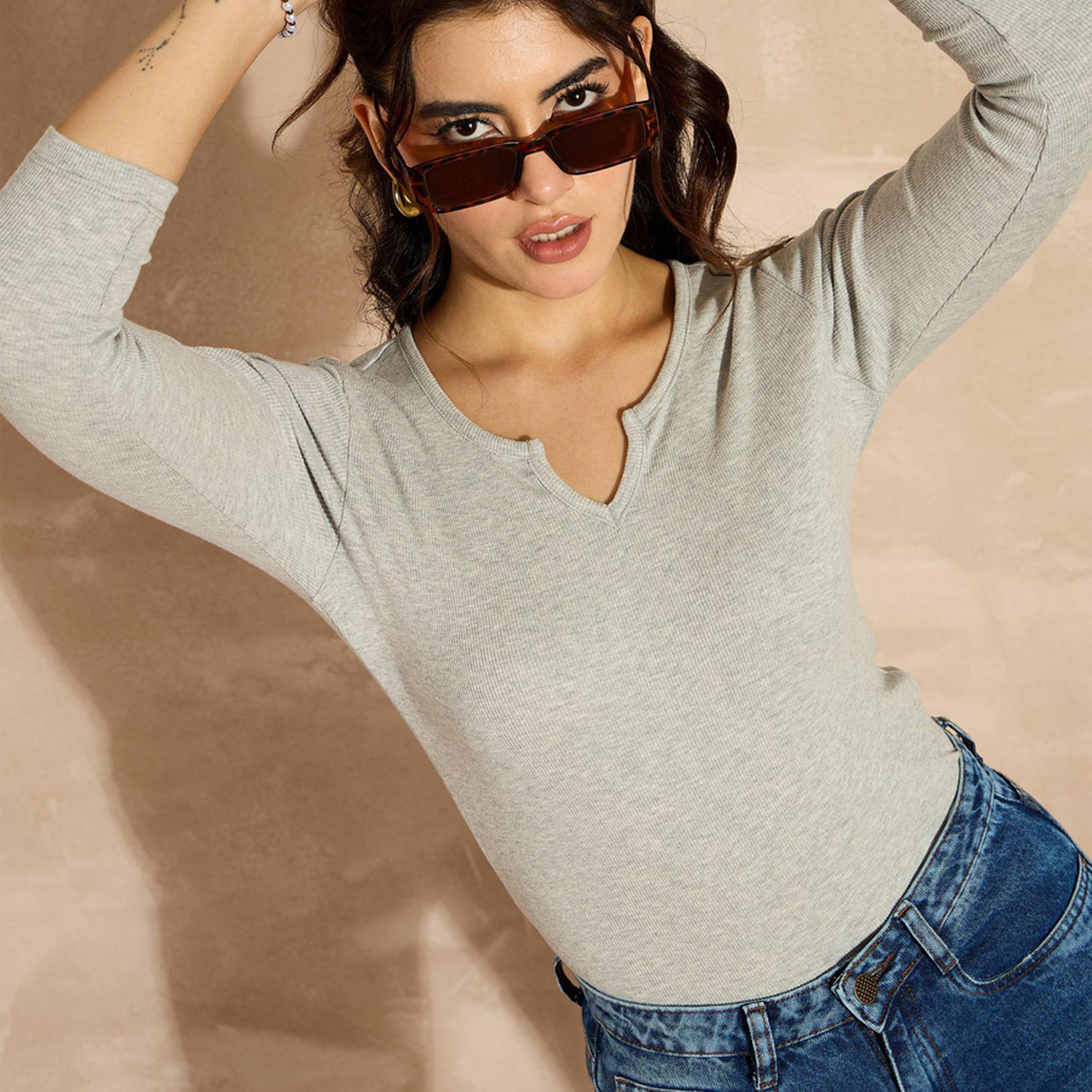 Sassafras X Styli Grey Melange Rib Drop V-Neck Top-women-clothing-shirtsandblouses-blouses-image-6