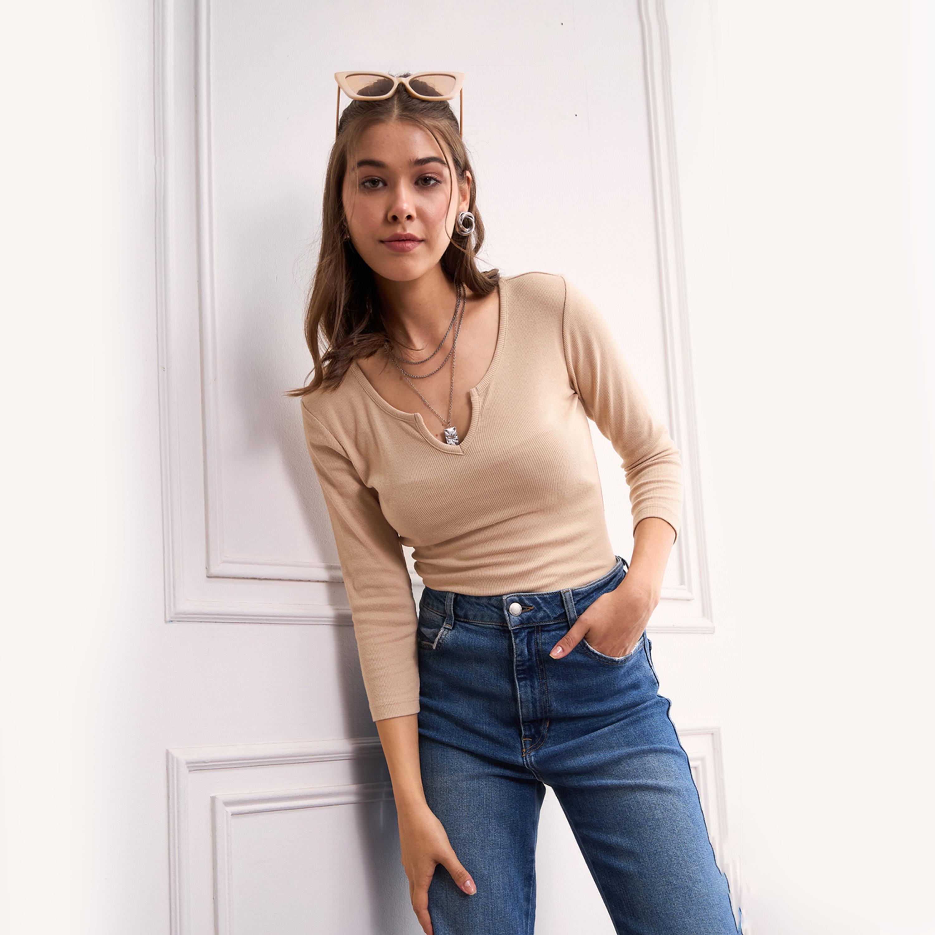 Sassafras X Styli Beige Rib Drop V-Neck Top-women-clothing-shirtsandblouses-blouses-image-1