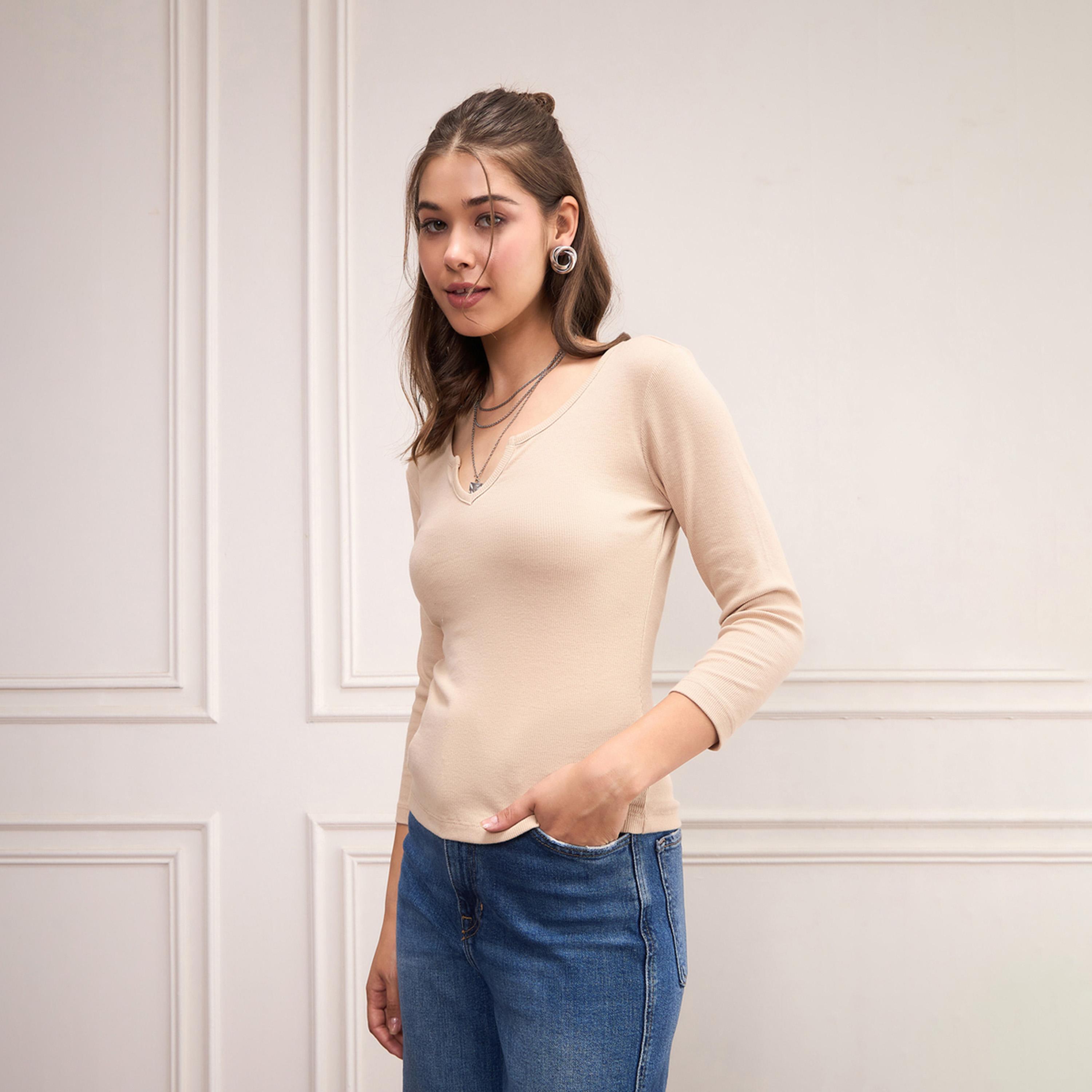 Sassafras X Styli Beige Rib Drop V-Neck Top-women-clothing-shirtsandblouses-blouses-image-3