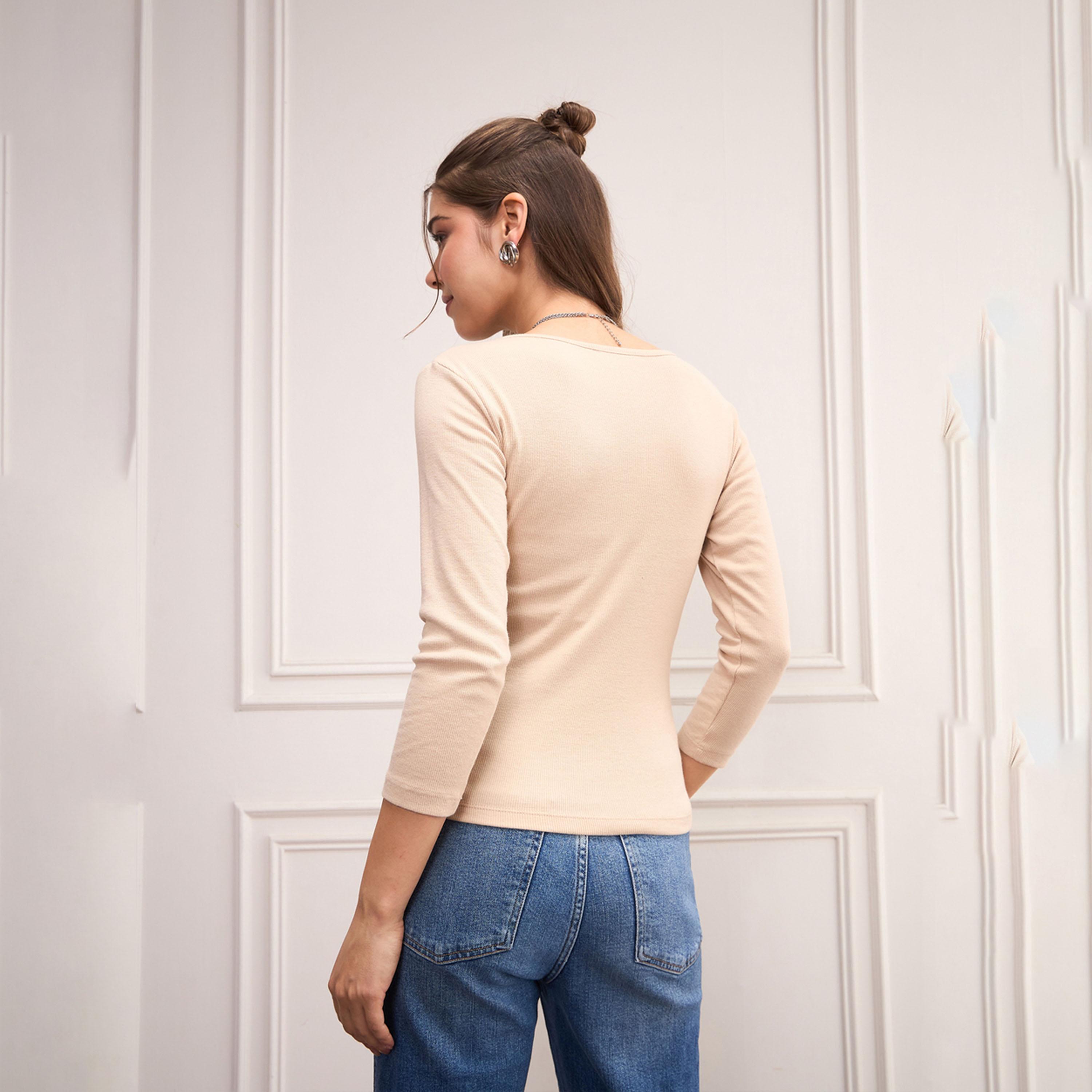 Sassafras X Styli Beige Rib Drop V-Neck Top-women-clothing-shirtsandblouses-blouses-image-5