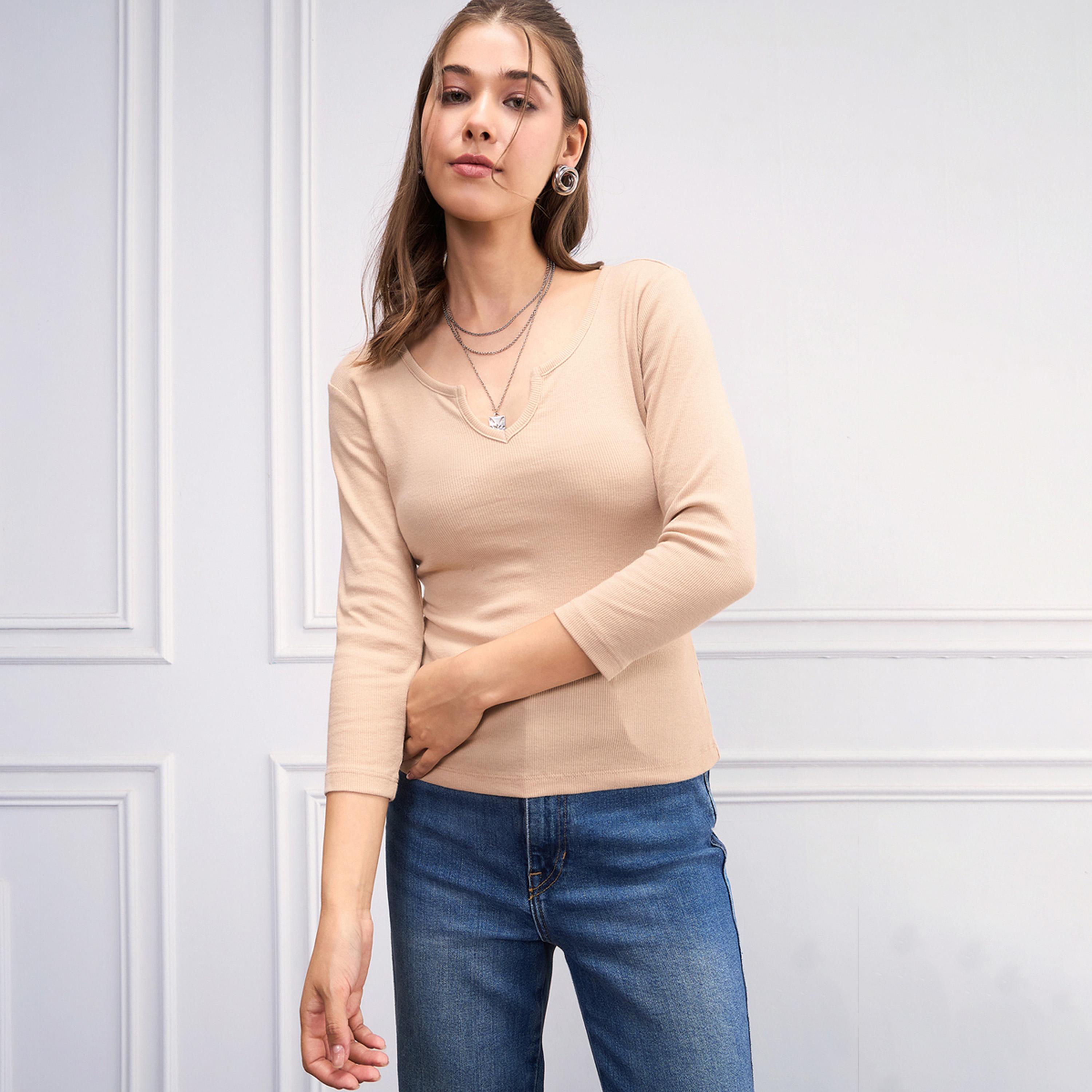 Sassafras X Styli Beige Rib Drop V-Neck Top-women-clothing-shirtsandblouses-blouses-image-7