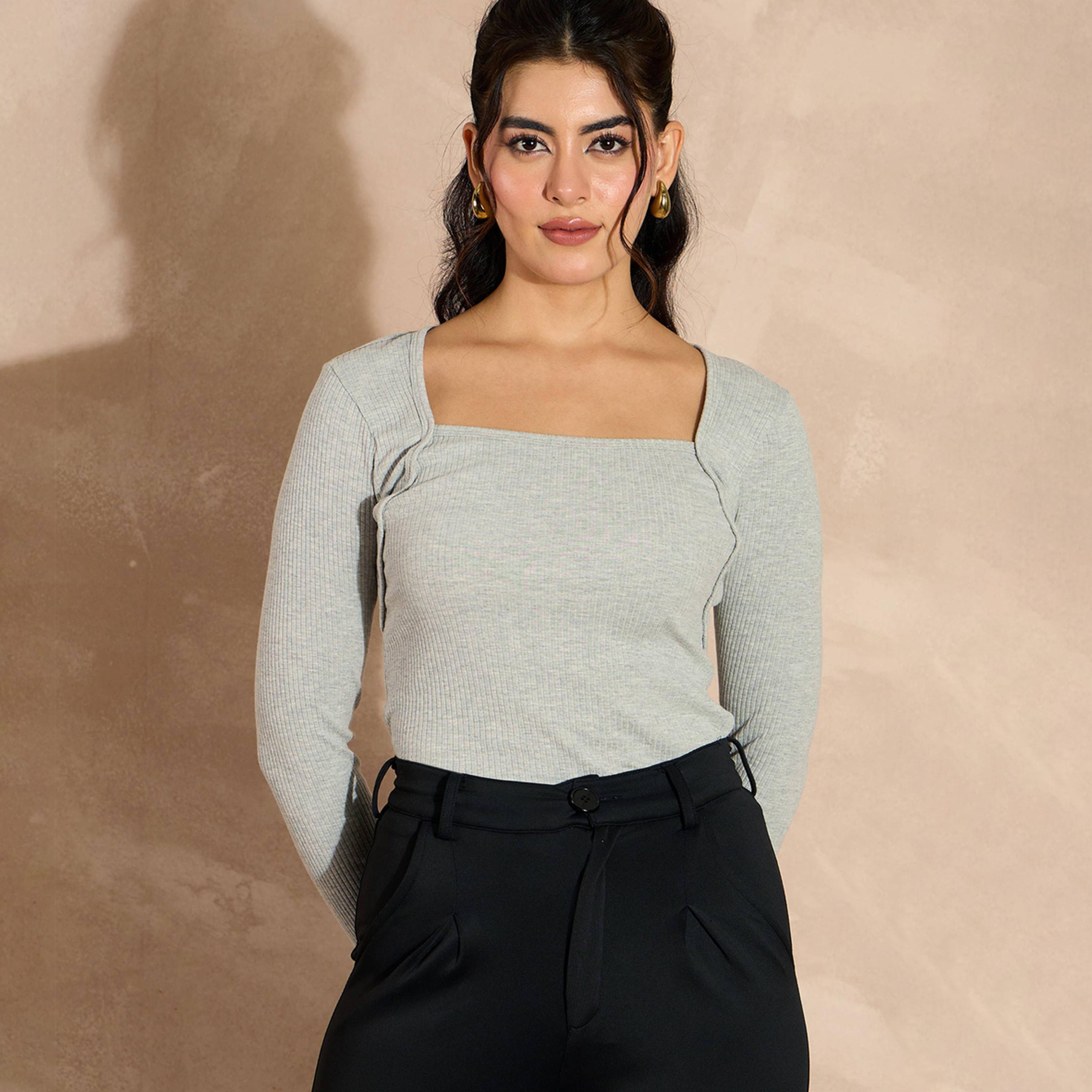 Sassafras X Styli Grey Melange Rib Square Neck Full Sleeves Top-women-clothing-shirtsandblouses-blouses-image-1