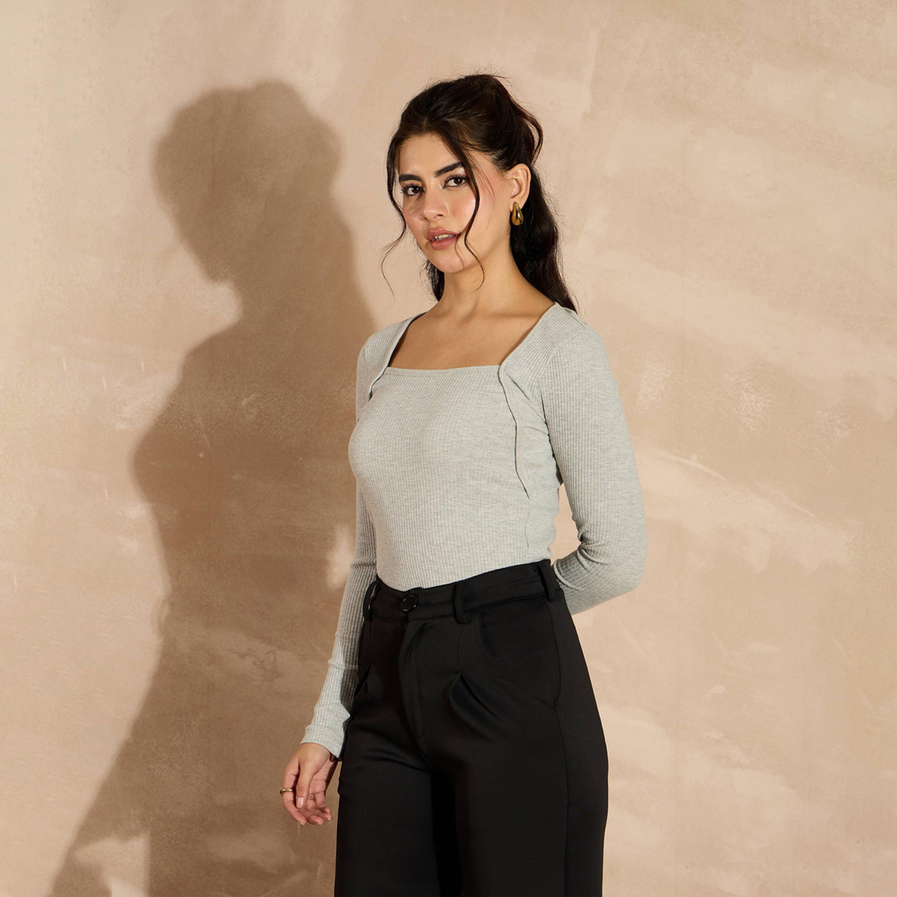 Sassafras X Styli Grey Melange Rib Square Neck Full Sleeves Top-women-clothing-shirtsandblouses-blouses-image-2
