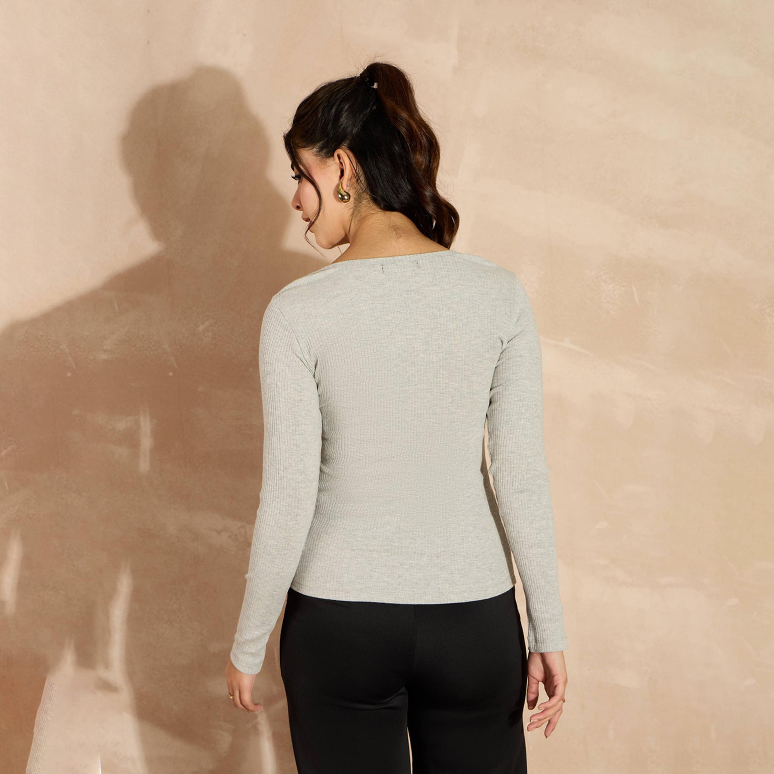 ساسافراس × ستايلي - بلوزة مضلعة برقبة مربعة وأكمام طويلة - رمادي-women-clothing-shirtsandblouses-blouses-image-3