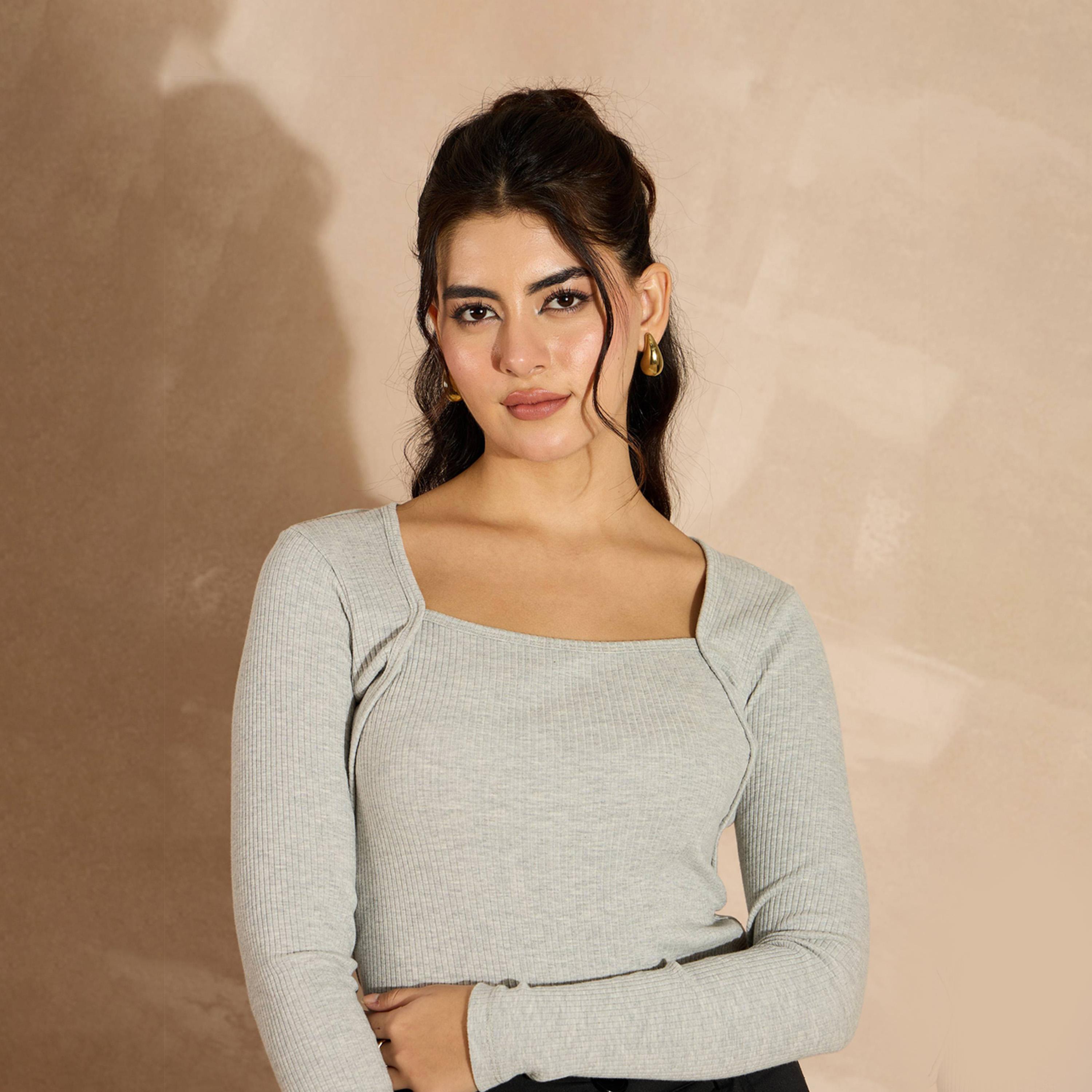 Sassafras X Styli Grey Melange Rib Square Neck Full Sleeves Top-women-clothing-shirtsandblouses-blouses-image-4