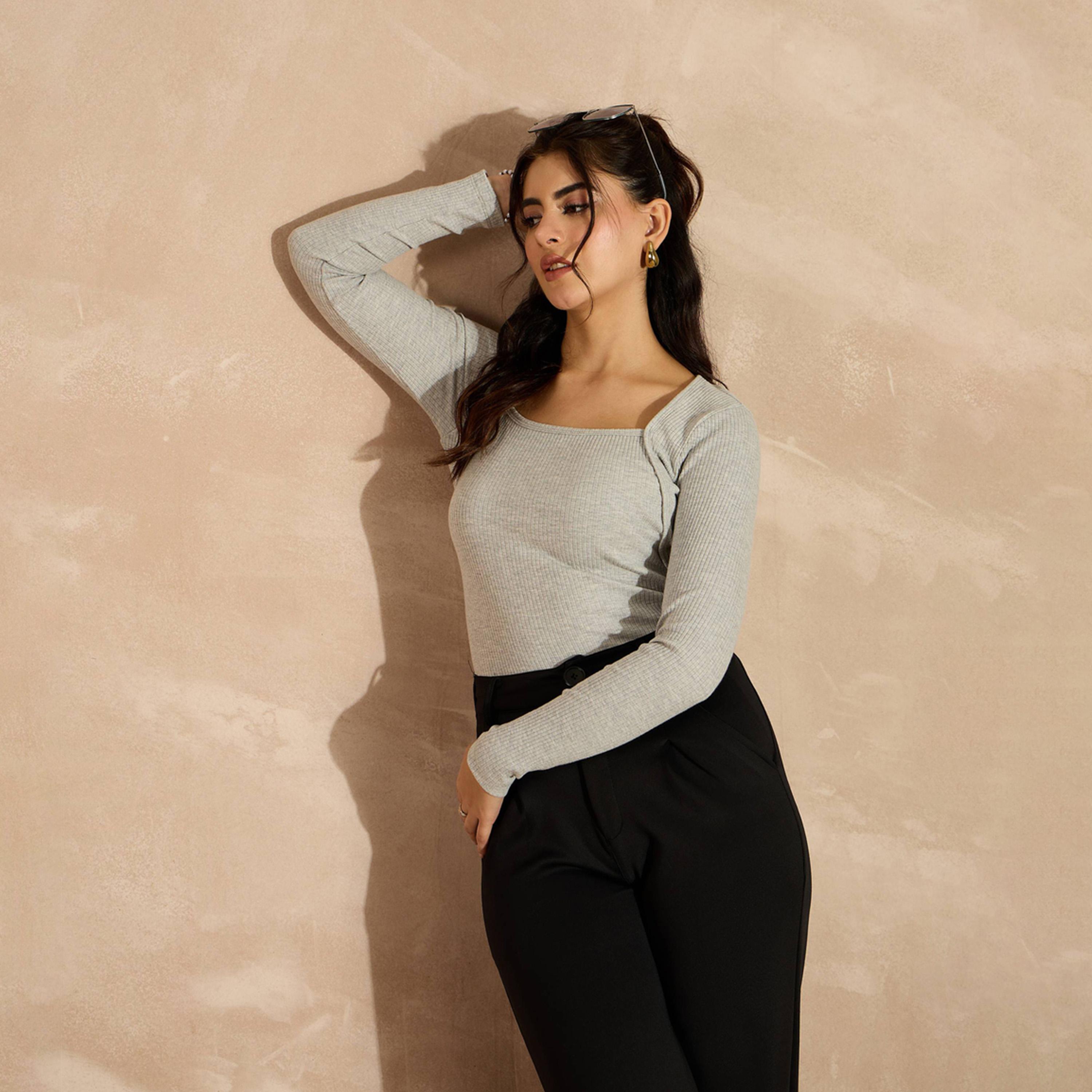 ساسافراس × ستايلي - بلوزة مضلعة برقبة مربعة وأكمام طويلة - رمادي-women-clothing-shirtsandblouses-blouses-image-6