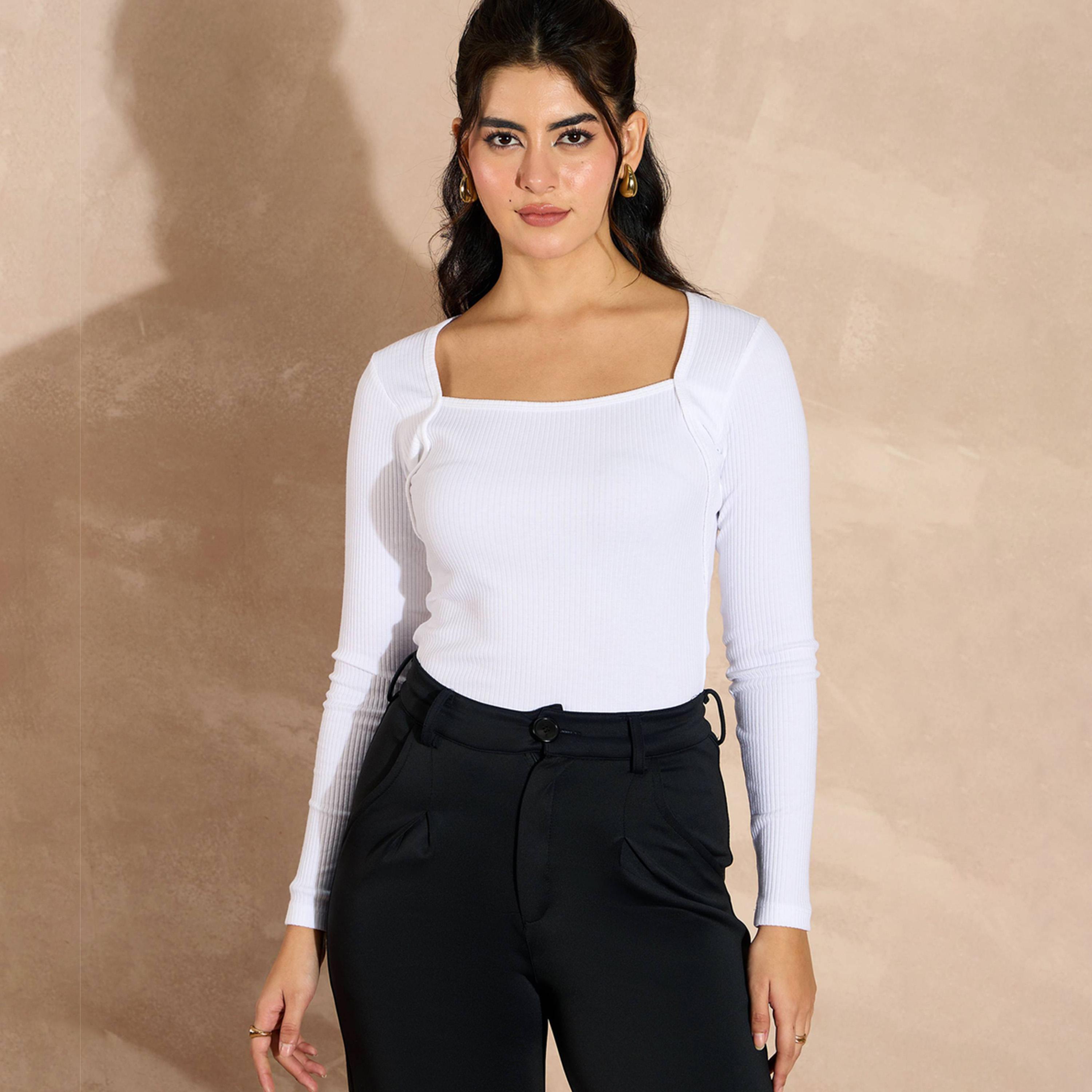 ساسافراس × ستايلي - بلوزة ذات رقبة مربعة وأكمام الطويلة - الأبيض-women-clothing-shirtsandblouses-blouses-image-1