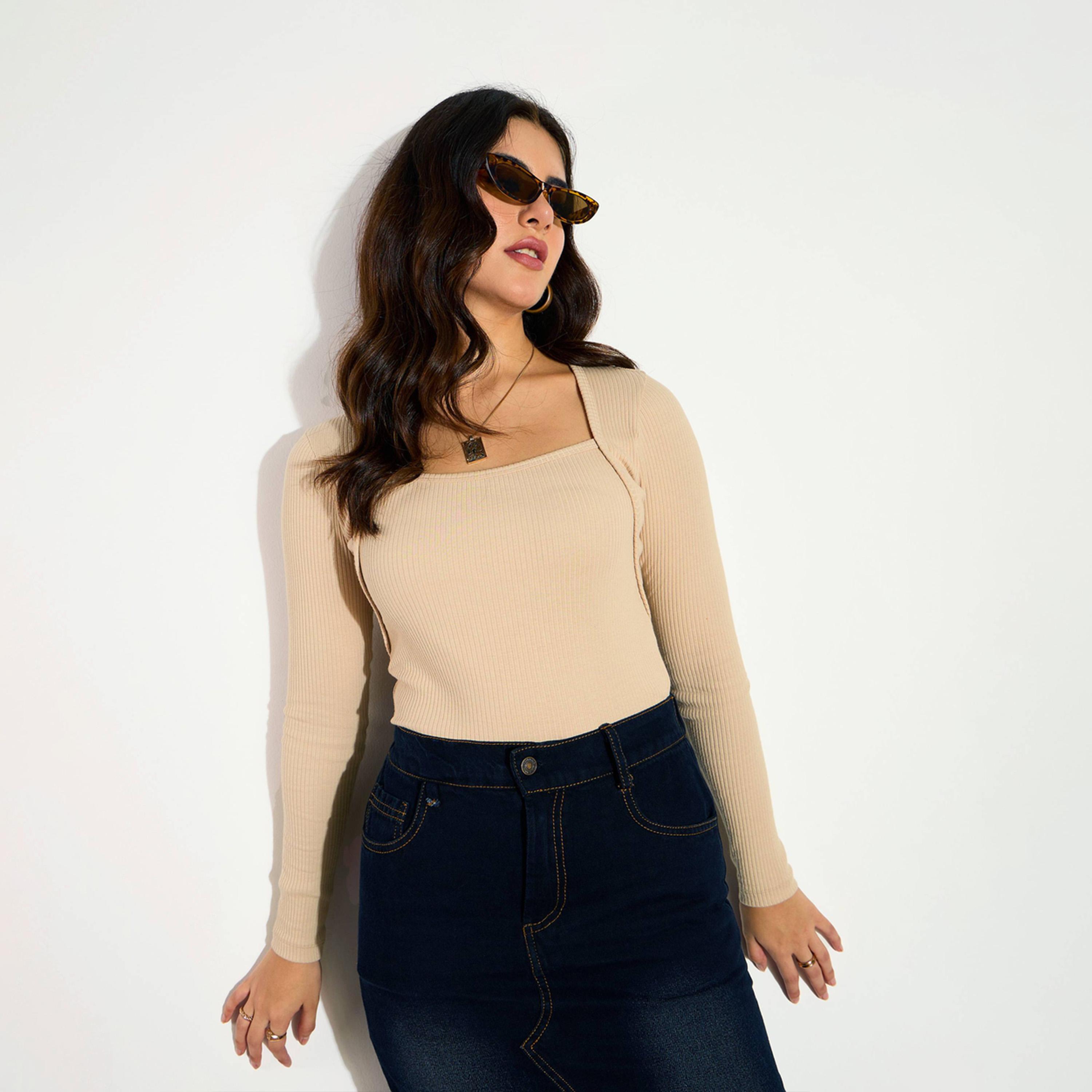 Sassafras X Styli Ribbed Square Neck Long Sleeves Top-women-clothing-shirtsandblouses-blouses-image-1