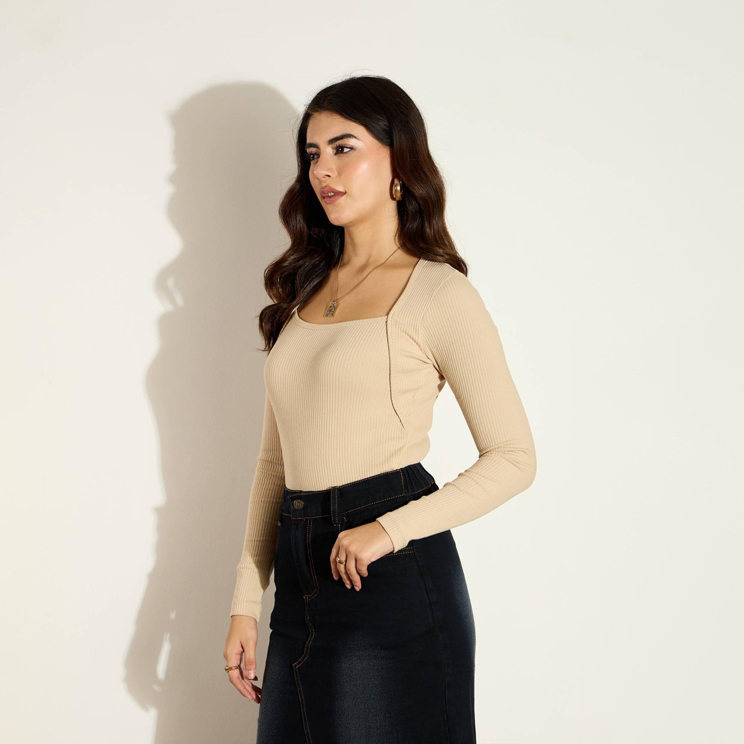 Sassafras X Styli Ribbed Square Neck Long Sleeves Top-women-clothing-shirtsandblouses-blouses-image-2