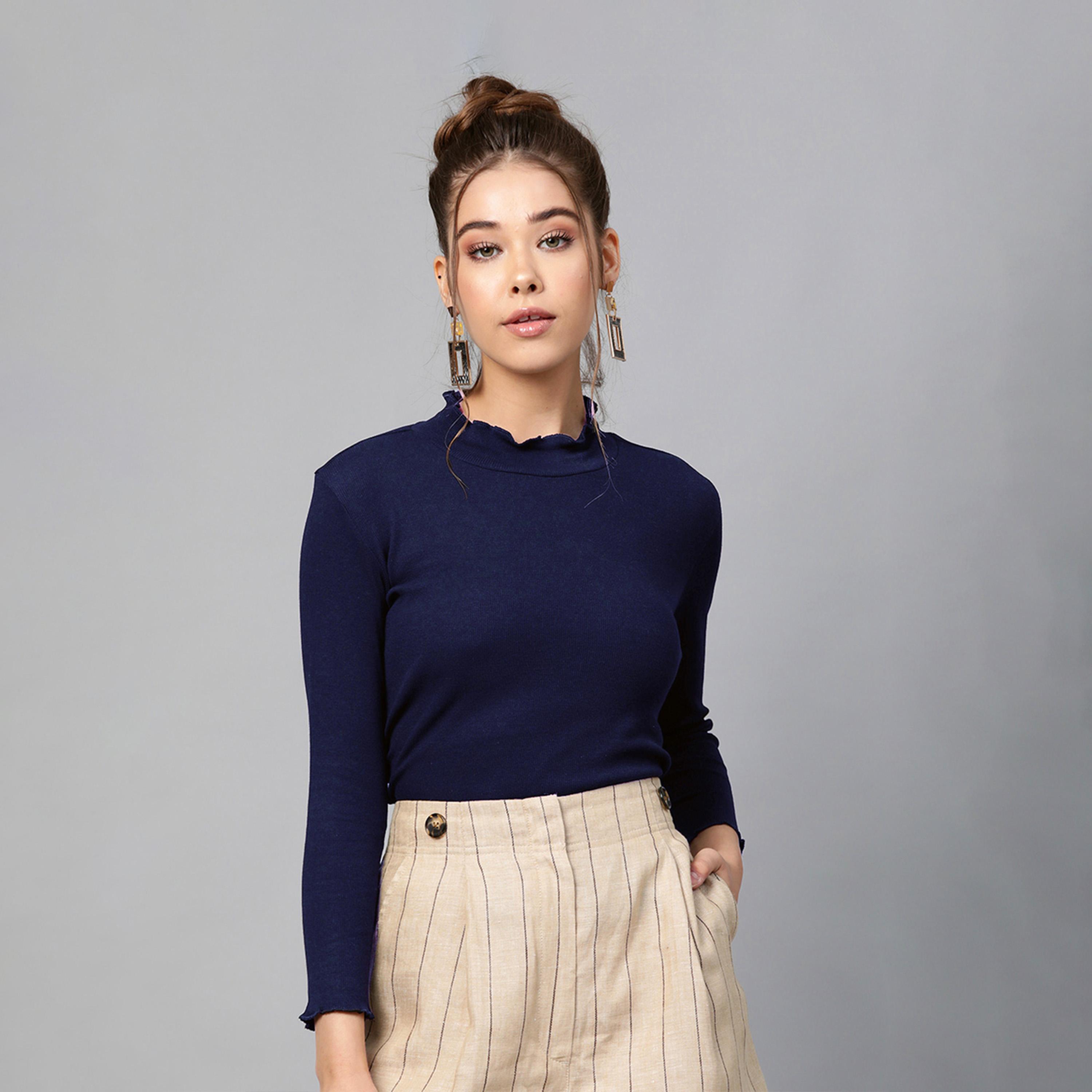 ساسافراس × ستايلي - بلوزة مضلعة برقبة عالية وأكمام طويلة-women-clothing-shirtsandblouses-blouses-image-1