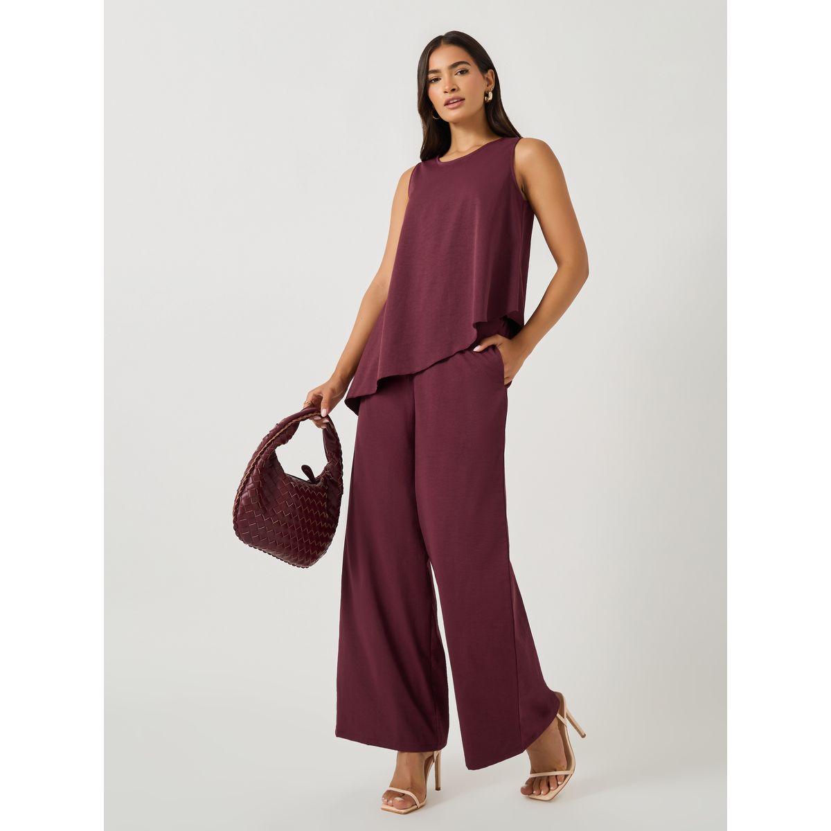 Styli Solid Sleeveless Asymmetric Hem Top and Wide Leg Pants Co-Ords-women-clothing-coordsets-image-1