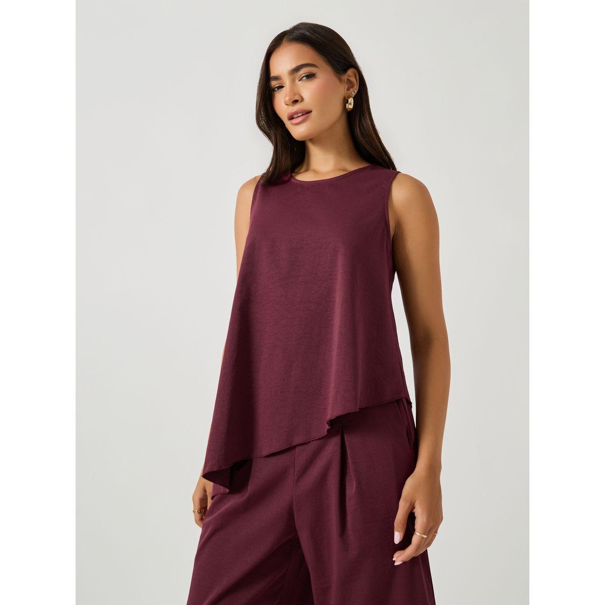 طقم منسق من بنطال بأرجل واسعة وبلوزة سادة بلا أكمام-women-clothing-coordsets-image-2