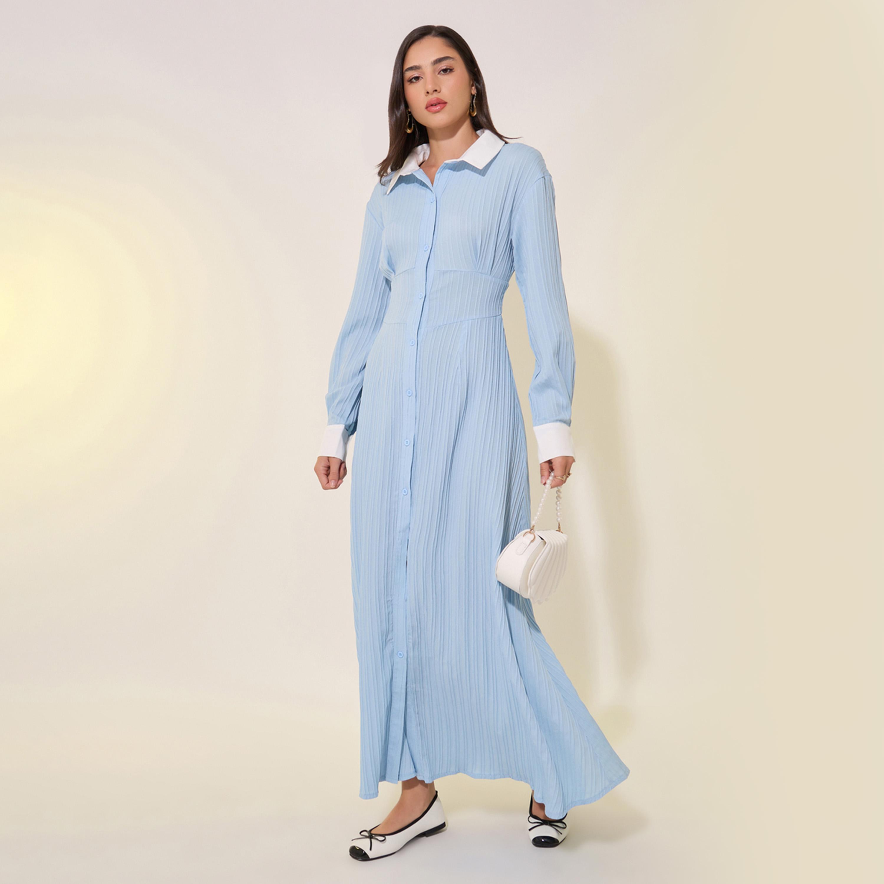 Styli Texture Contrast Sleeve Detail Shirt Maxi Dress-women-clothing-dresses-image-1
