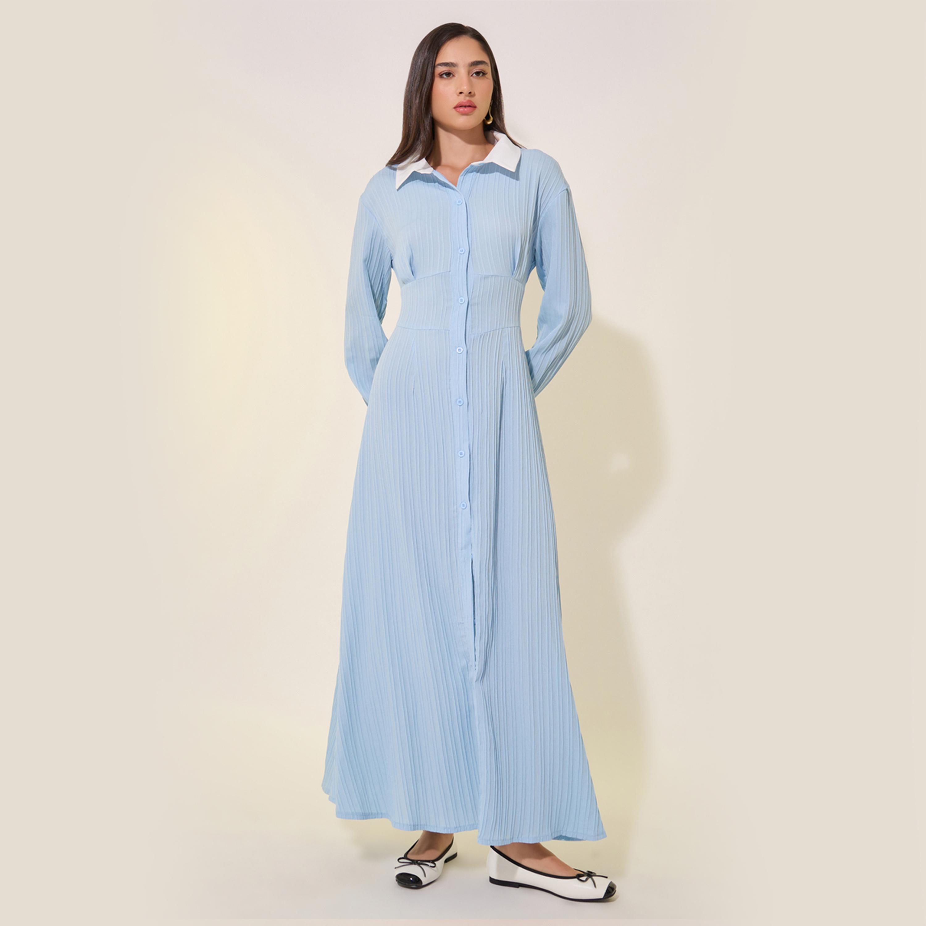 Styli Texture Contrast Sleeve Detail Shirt Maxi Dress-women-clothing-dresses-image-2