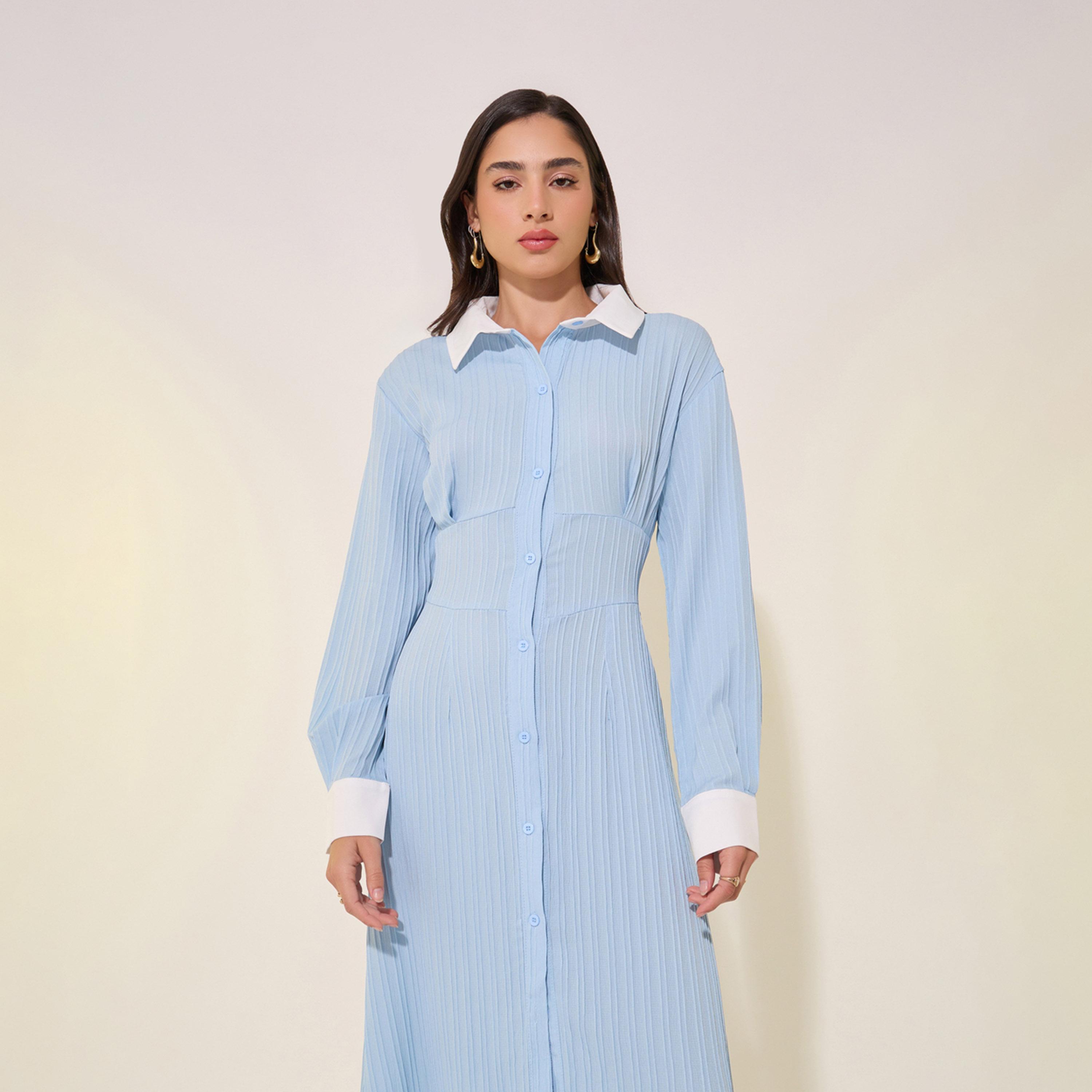 Styli Texture Contrast Sleeve Detail Shirt Maxi Dress-women-clothing-dresses-image-3