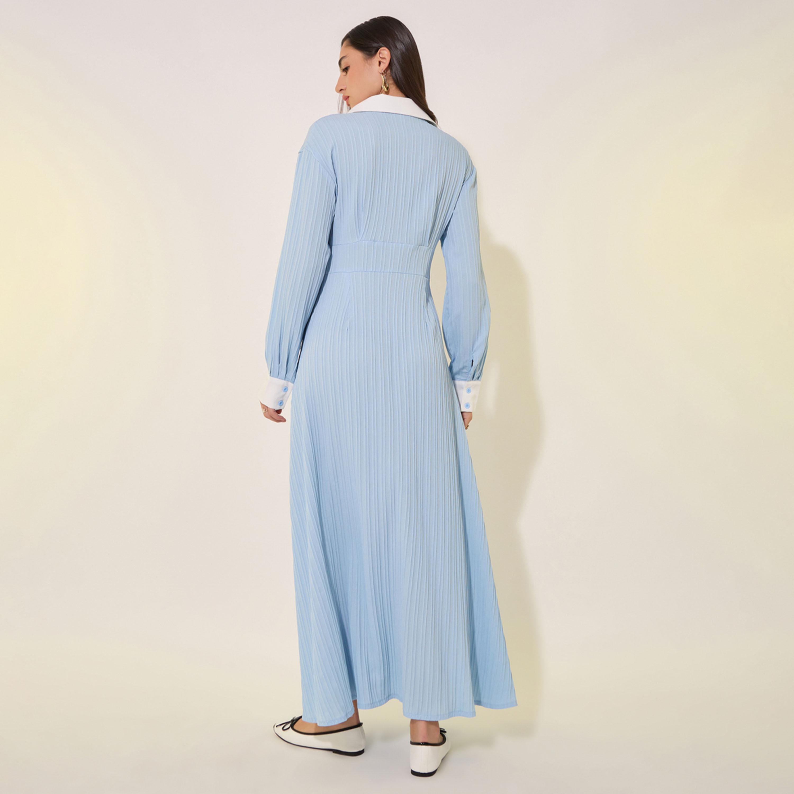 Styli Texture Contrast Sleeve Detail Shirt Maxi Dress-women-clothing-dresses-image-5