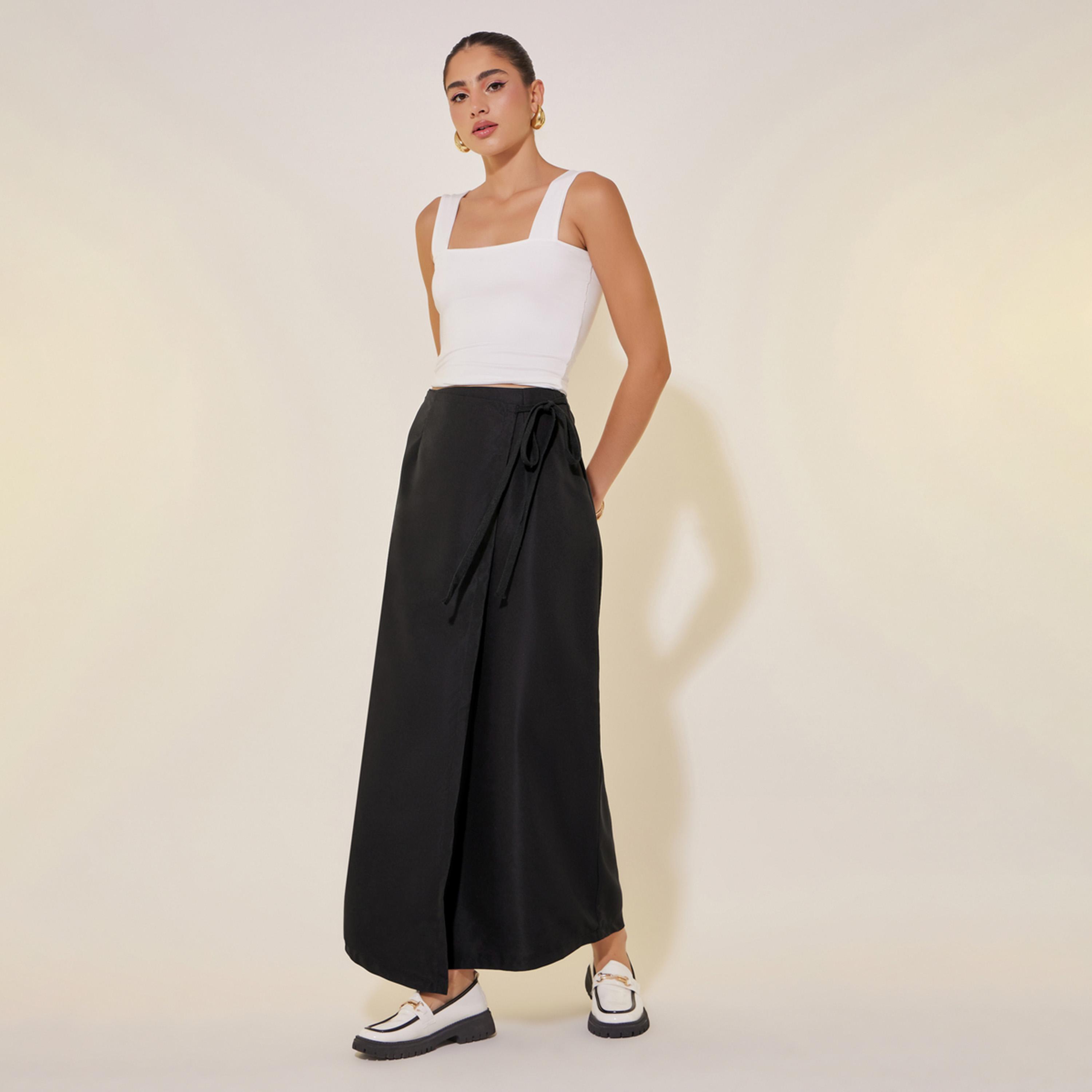 ستايلي - تنورة ماكسي بخصر متوسط الارتفاع بتصميم ملفوف وقصة حرف A مع تفاصيل رباط-women-clothing-bottoms-skirts-image-1
