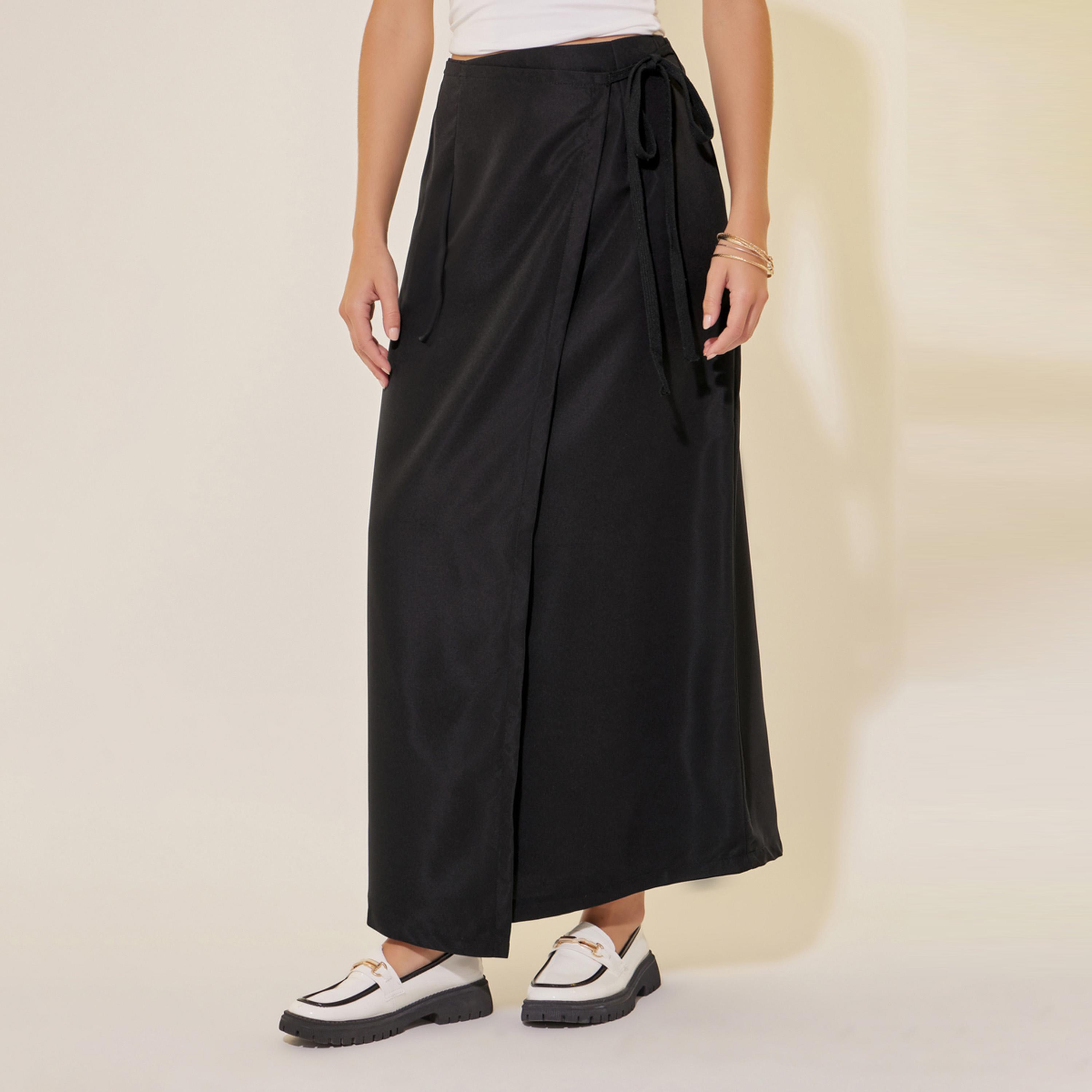 ستايلي - تنورة ماكسي بخصر متوسط الارتفاع بتصميم ملفوف وقصة حرف A مع تفاصيل رباط-women-clothing-bottoms-skirts-image-2