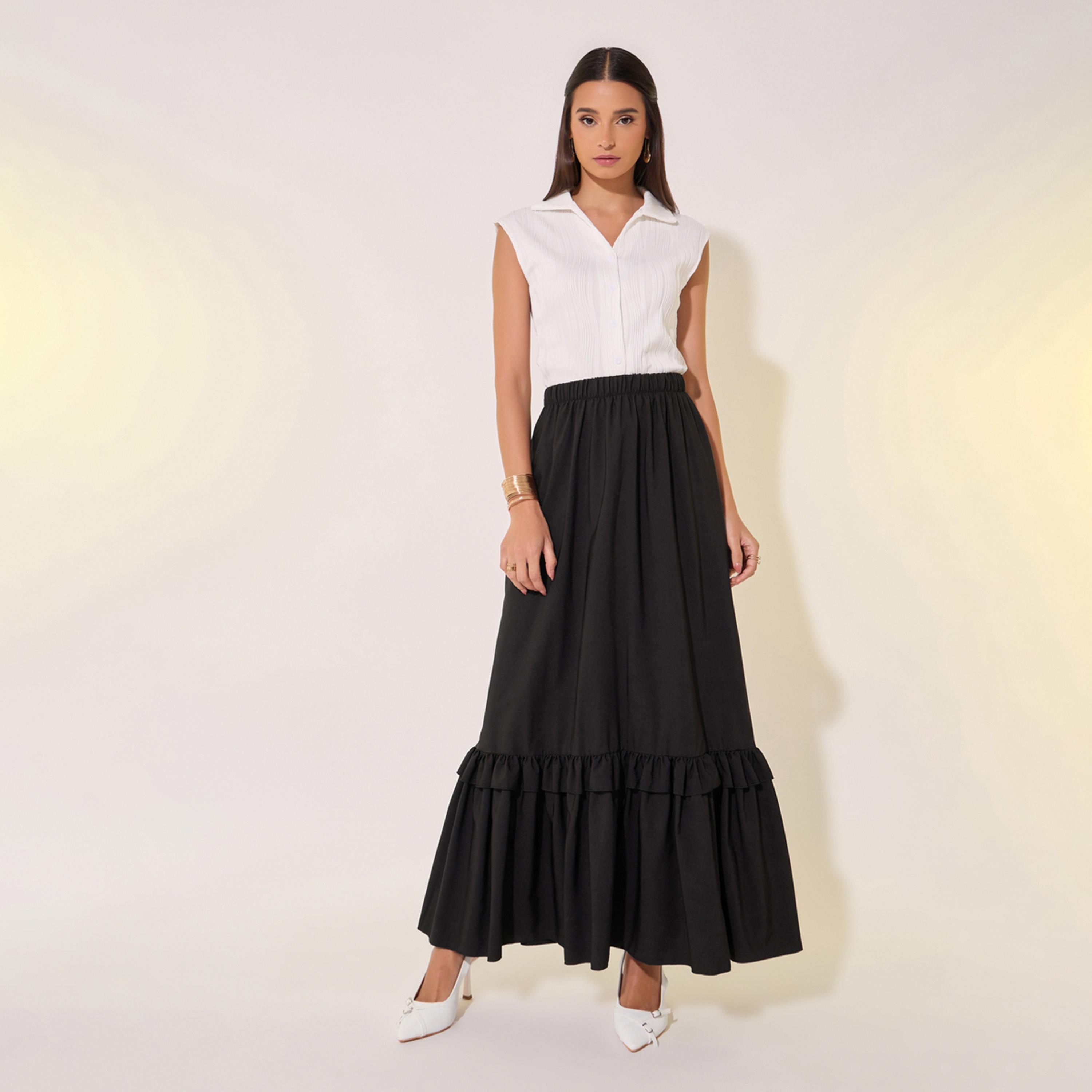 Styli Solid Ruffled Hem A-Line Maxi Skirt-women-clothing-bottoms-skirts-image-1