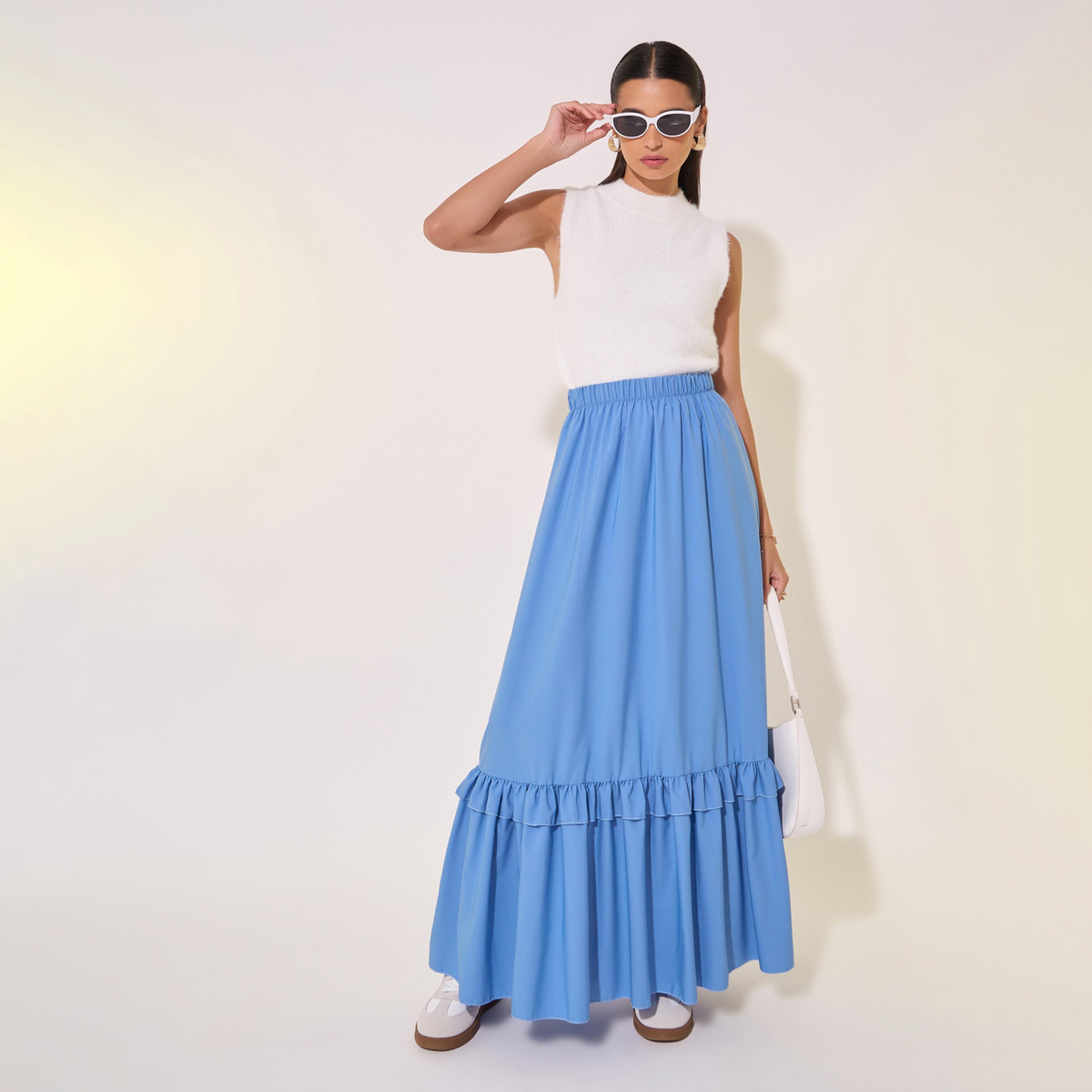 Styli Solid Ruffled Hem A-Line Maxi Skirt-women-clothing-bottoms-skirts-image-1