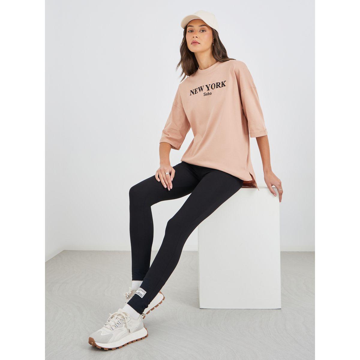 Styli Text Embroidered Oversized T-Shirt and Leggings Co-Ords-women-clothing-coordsets-image-1