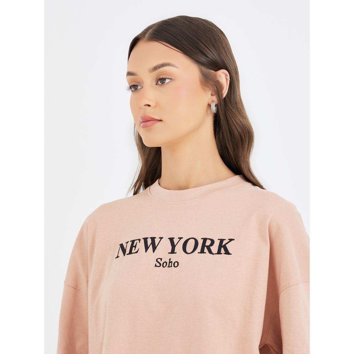 Styli Text Embroidered Oversized T-Shirt and Leggings Co-Ords-women-clothing-coordsets-image-4