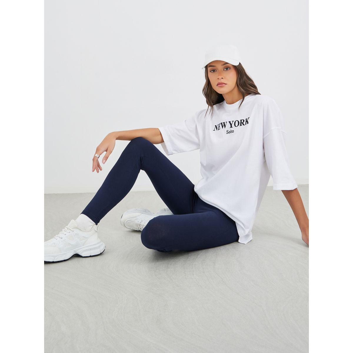 Styli Text Embroidered Oversized T-Shirt and Badge Detail Leggings Co-Ords-women-clothing-coordsets-image-1