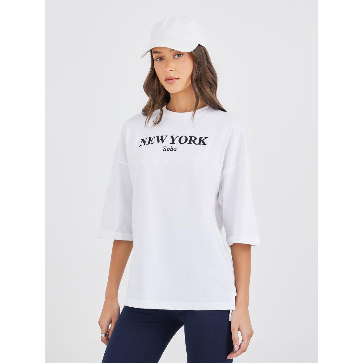 Styli Text Embroidered Oversized T-Shirt and Badge Detail Leggings Co-Ords-women-clothing-coordsets-image-3