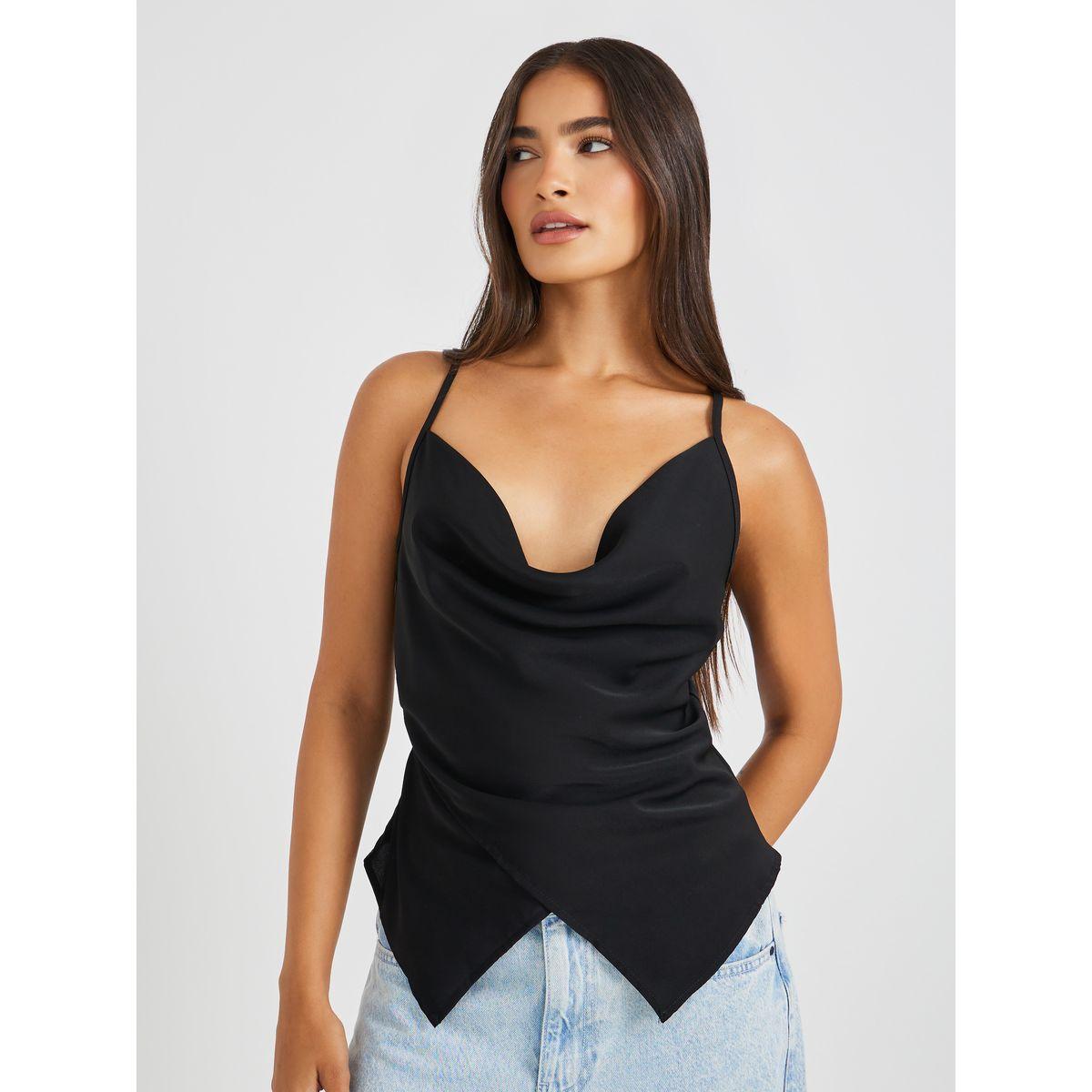 بلوزة بياقة منسدلة وحافة غير متماثلة الطول-women-clothing-shirtsandblouses-blouses-image-1