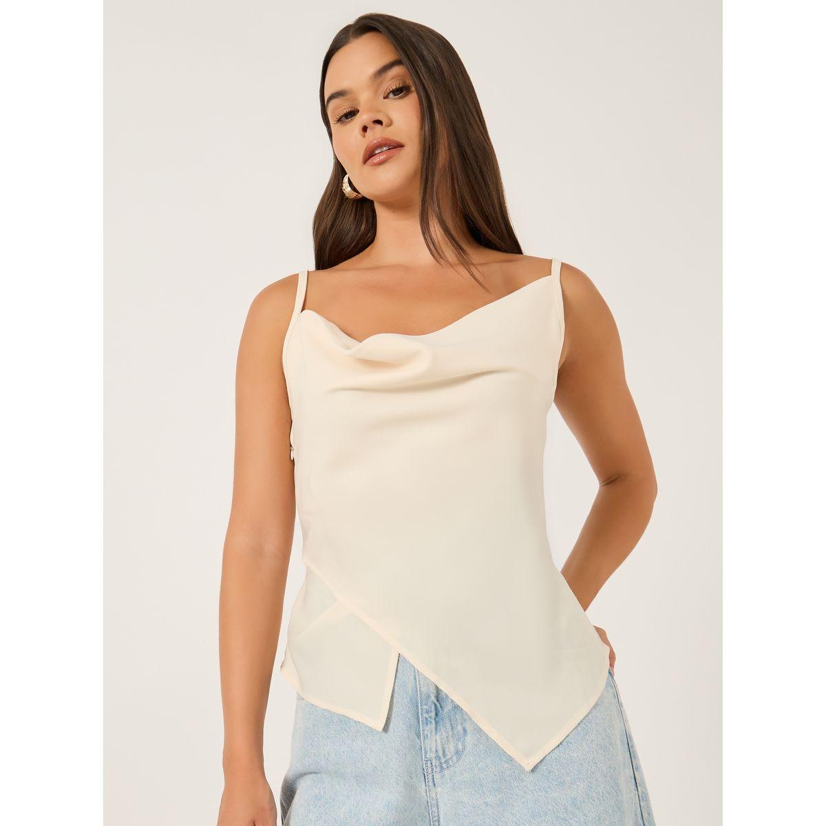 بلوزة بياقة منسدلة وحافة غير متماثلة الطول-women-clothing-shirtsandblouses-blouses-image-1