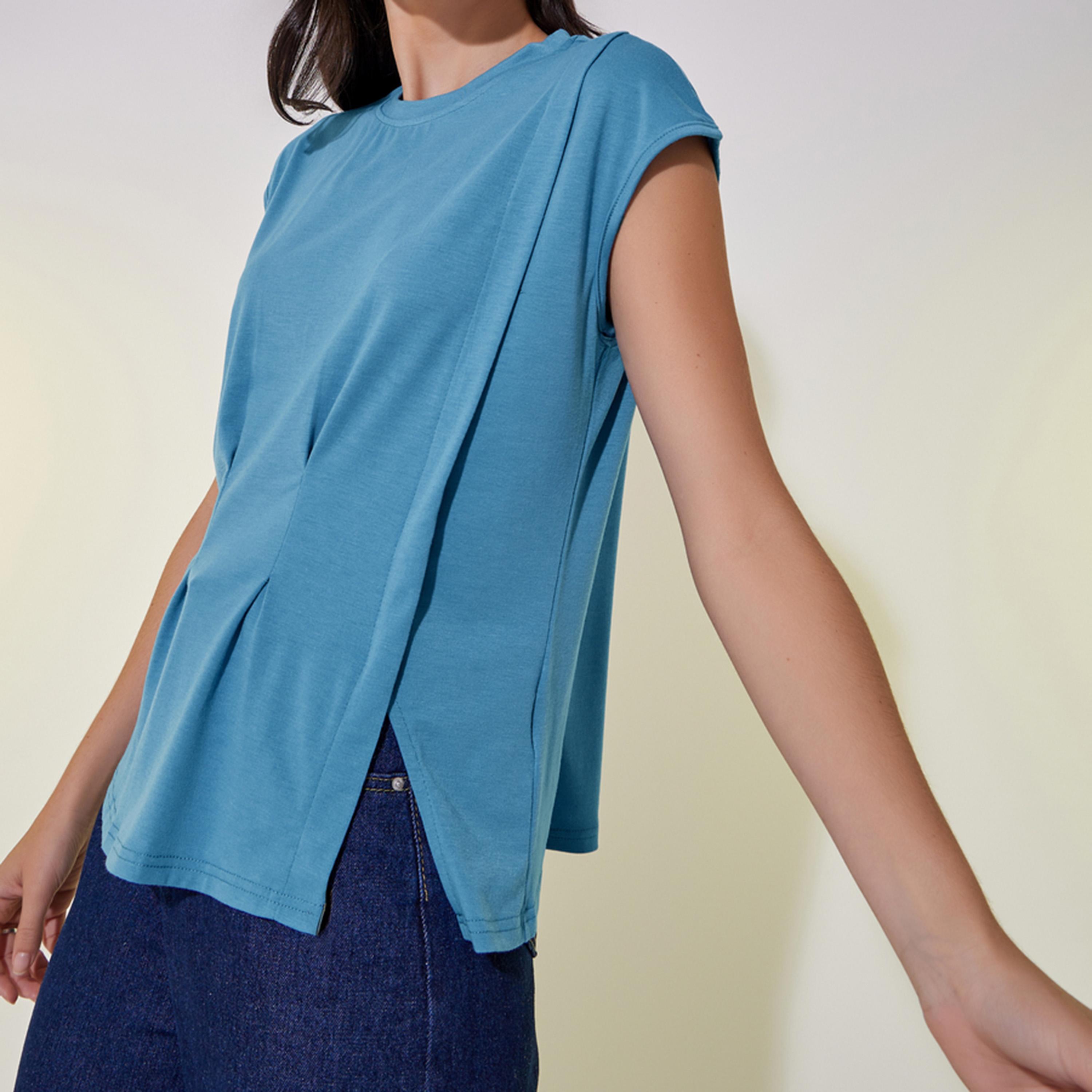 ستايلي - تي شيرت سادة بدون أكمام بياقة دائرية وتفاصيل كشكشة-women-clothing-tshirts-image-1